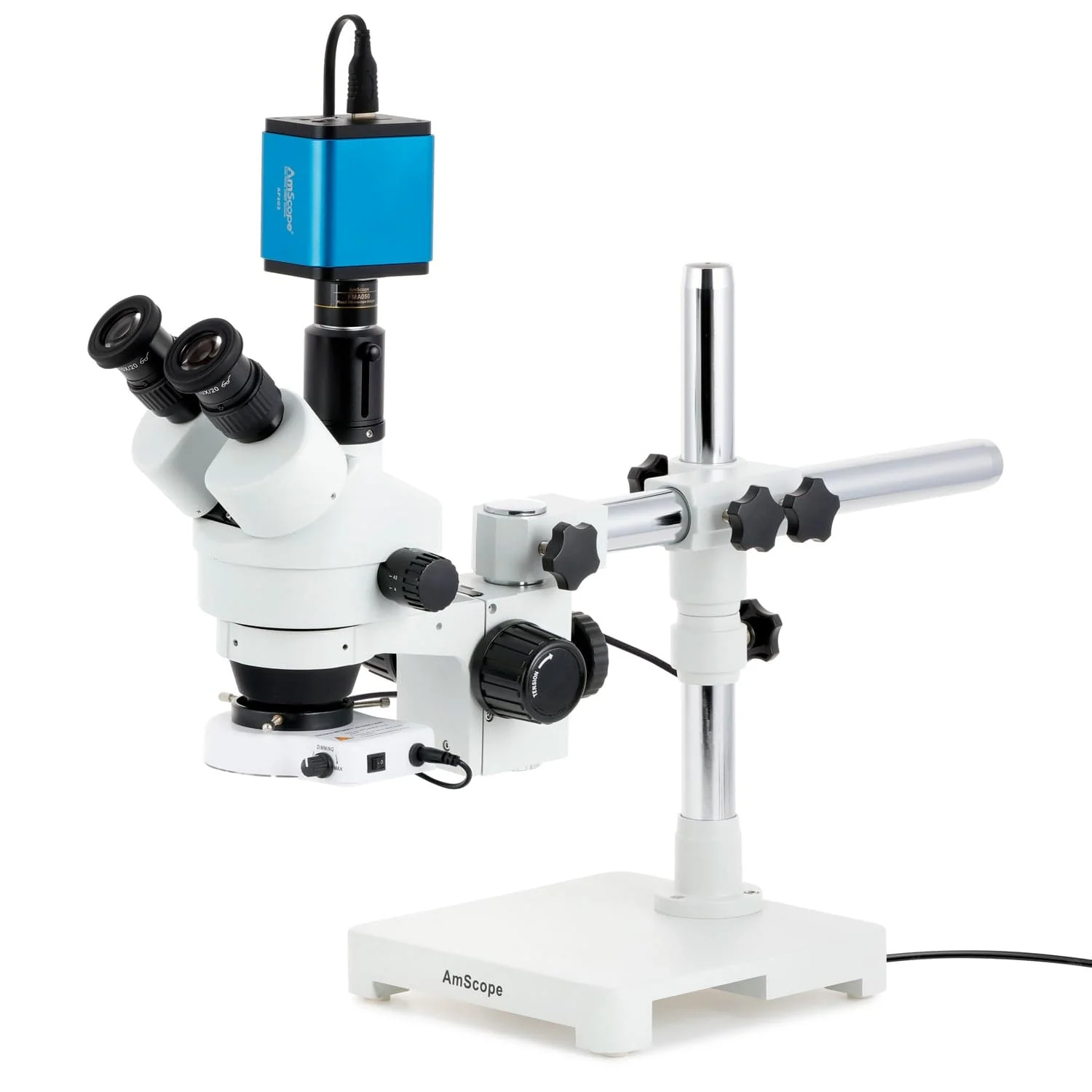 AmScope SM-3 Series Simul-Focal Zoom Trinocular Stereo Microscope with 80 LED Compact Ring Light and Auto Focus Camera on Single Arm Boom Stand