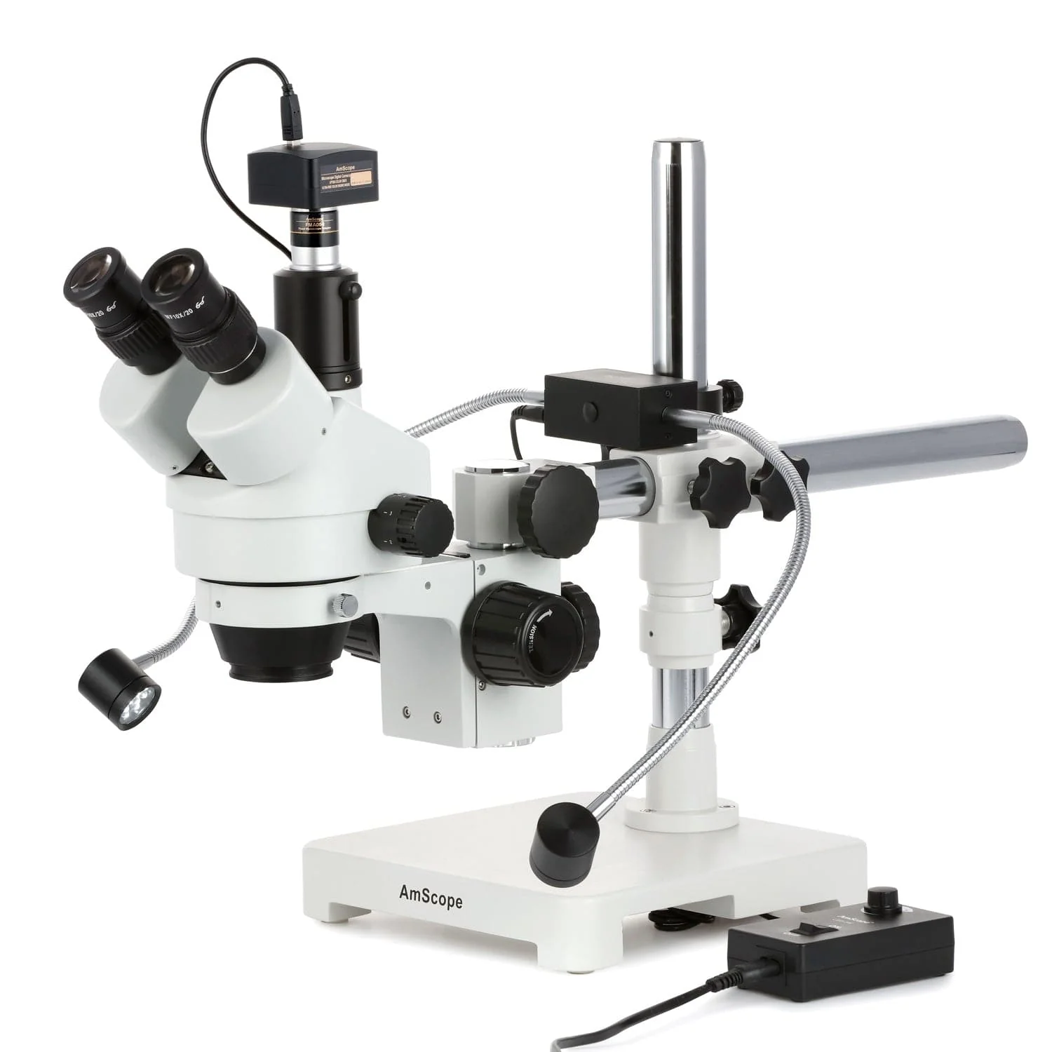 AmScope SM-3T Series Trinocular Simul-Focal Stereo Zoom Microscope 7X-45X with 8W LED Dual Gooseneck Illuminator + Optional Digital Camera on Single Arm Boom Stand - Image 2