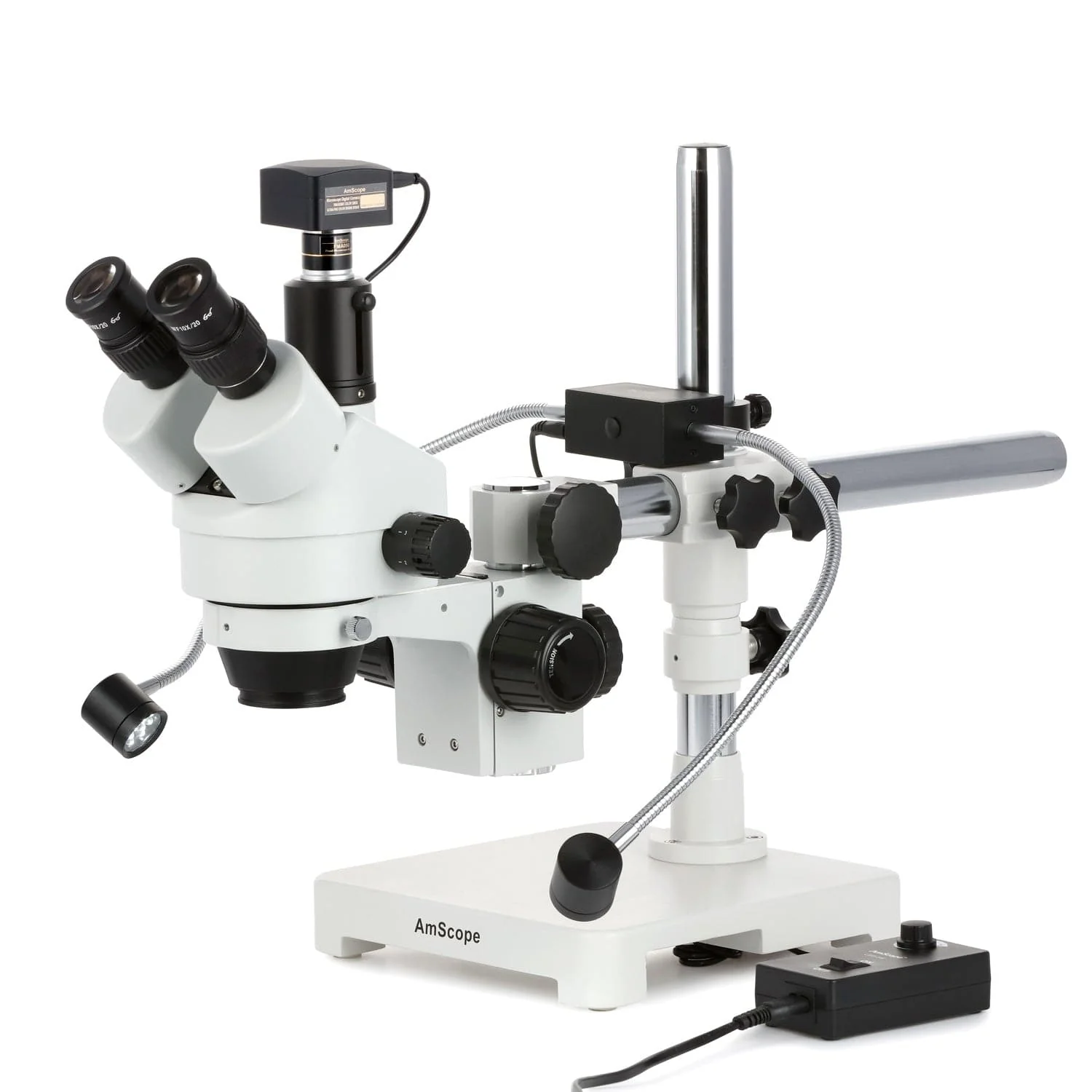 AmScope SM-3T Series Trinocular Simul-Focal Stereo Zoom Microscope 7X-45X with 8W LED Dual Gooseneck Illuminator + Optional Digital Camera on Single Arm Boom Stand - Image 3