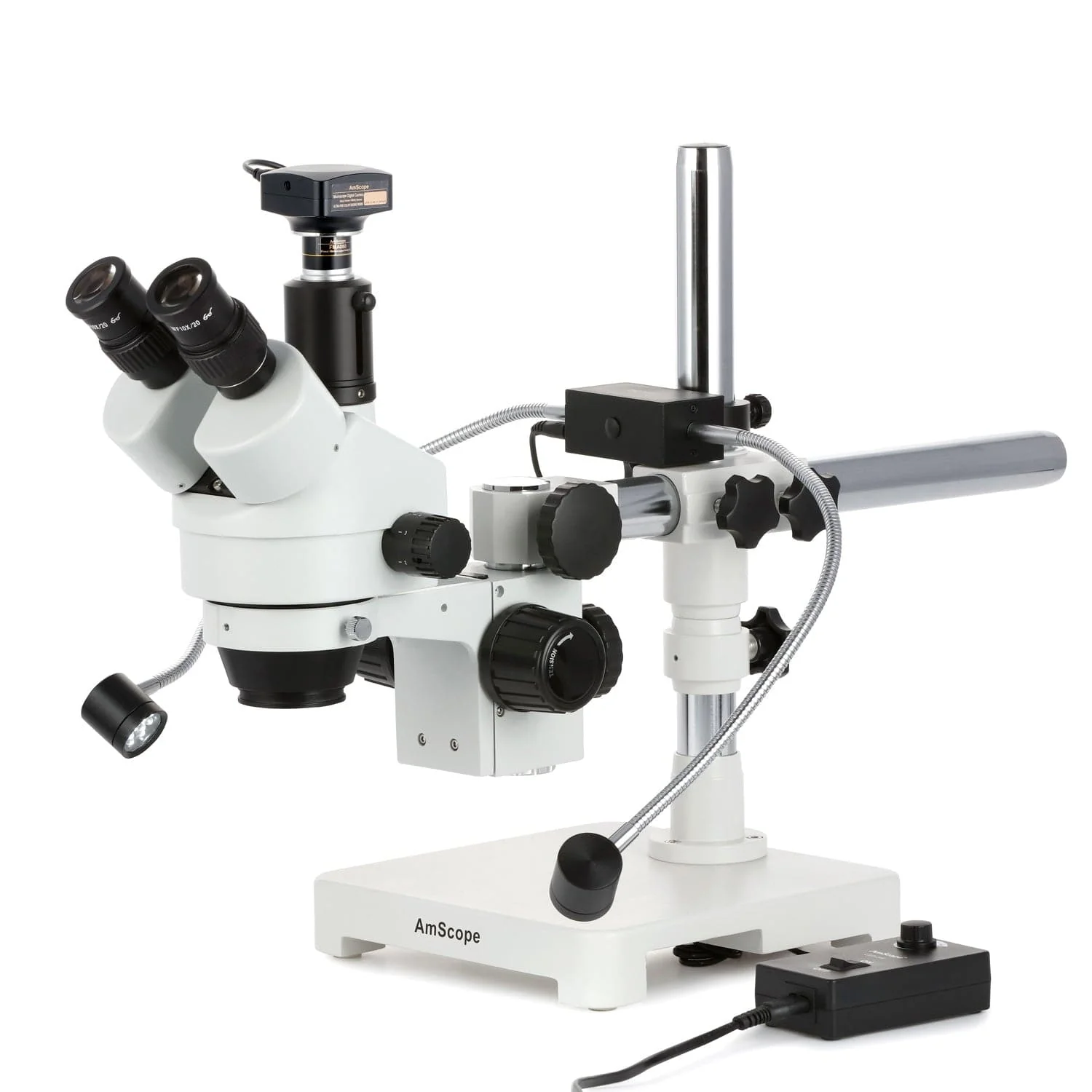 AmScope SM-3T Series Trinocular Simul-Focal Stereo Zoom Microscope 7X-45X with 8W LED Dual Gooseneck Illuminator + Optional Digital Camera on Single Arm Boom Stand - Image 4