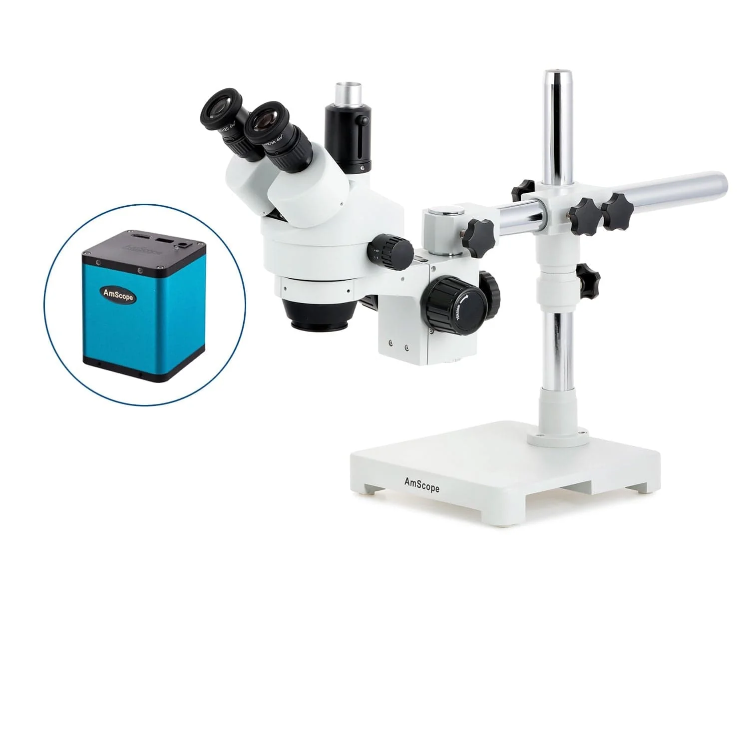 AmScope SM-3 Series Simul-Focal Zoom Trinocular Stereo Microscope with Auto Focus Camera on Single Arm Boom Stand - Image 3