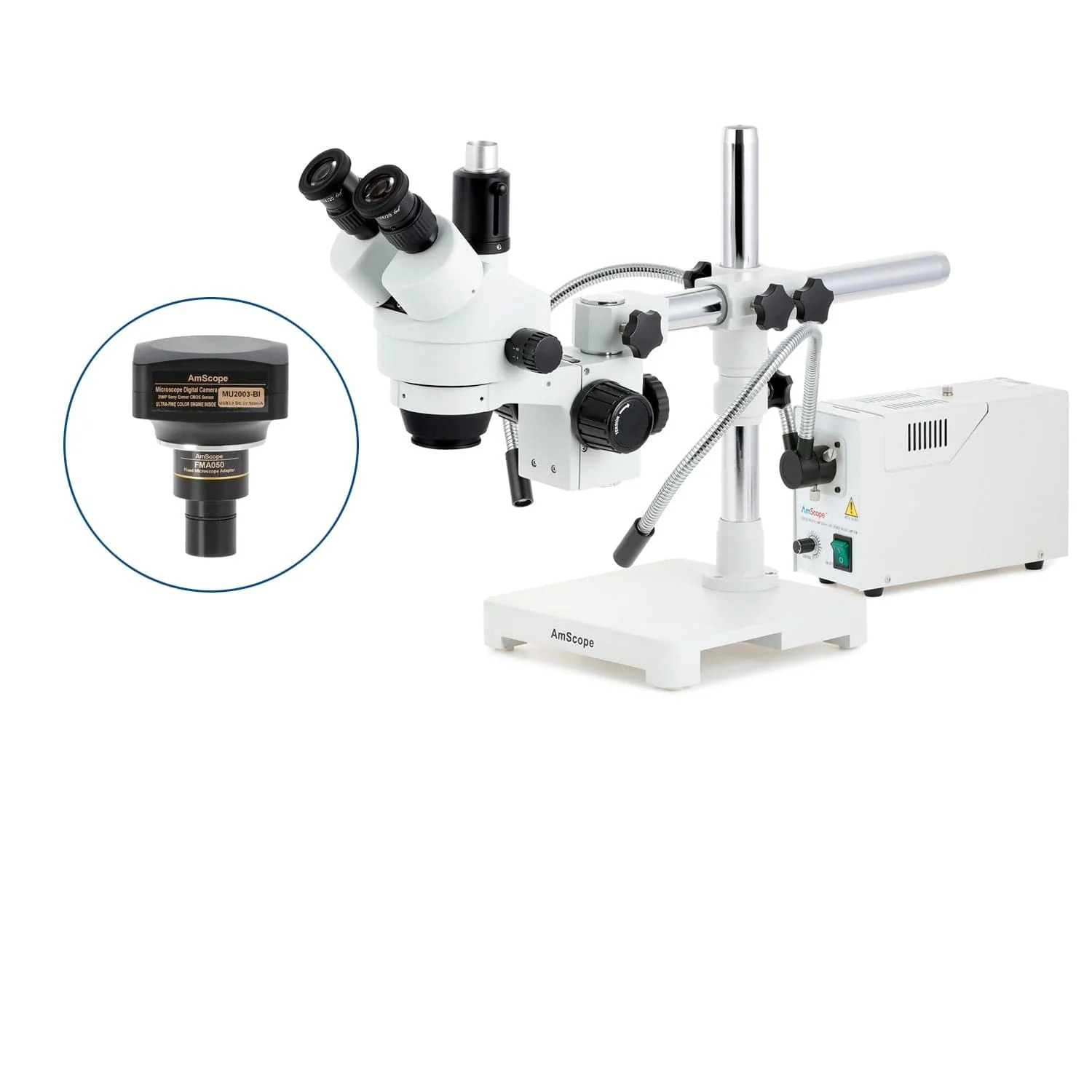 AmScope SM-3 Series Simul-Focal Zoom Trinocular Stereo Microscope with 150W Halogen Dual Fiber Gooseneck Lights and Optional Digital Camera on Single Arm Boom Stand - Image 6