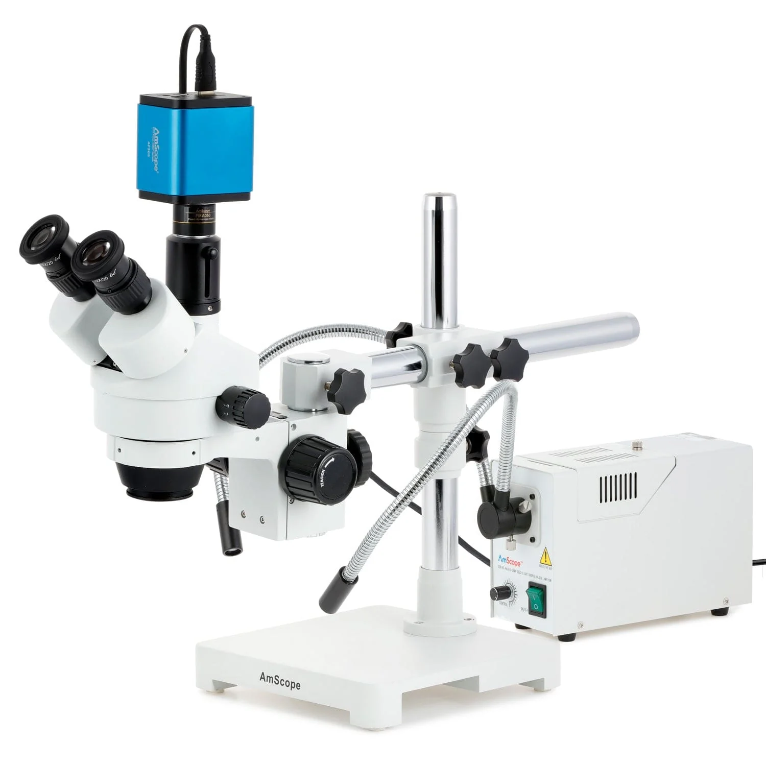 AmScope SM-3 Series Simul-Focal Zoom Trinocular Stereo Microscope with 150W Halogen Dual Fiber Gooseneck Lights and Auto Focus Camera on Single Arm Boom Stand