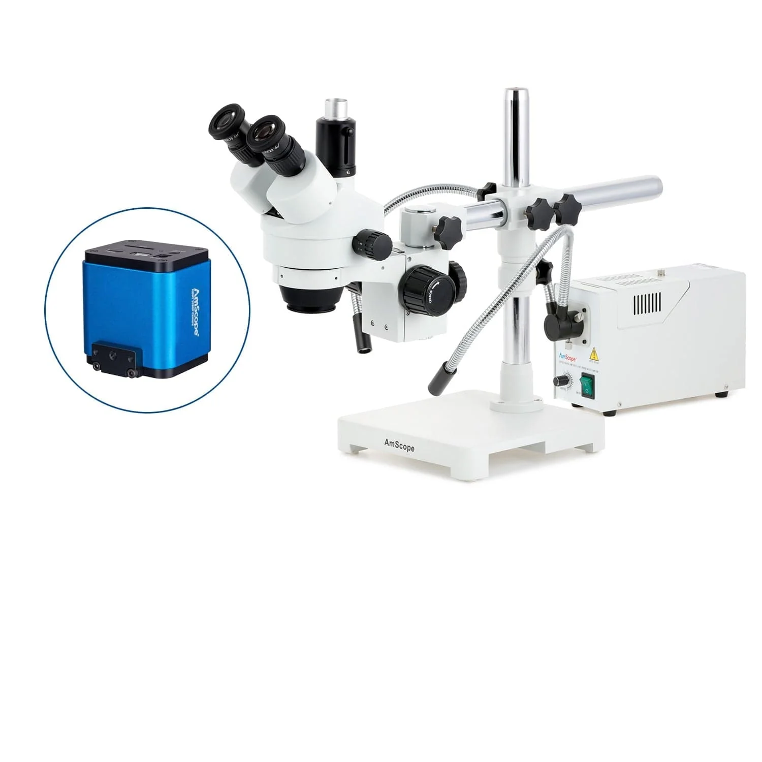 AmScope SM-3 Series Simul-Focal Zoom Trinocular Stereo Microscope with 150W Halogen Dual Fiber Gooseneck Lights and HDMI Camera on Single Arm Boom Stand - Image 3