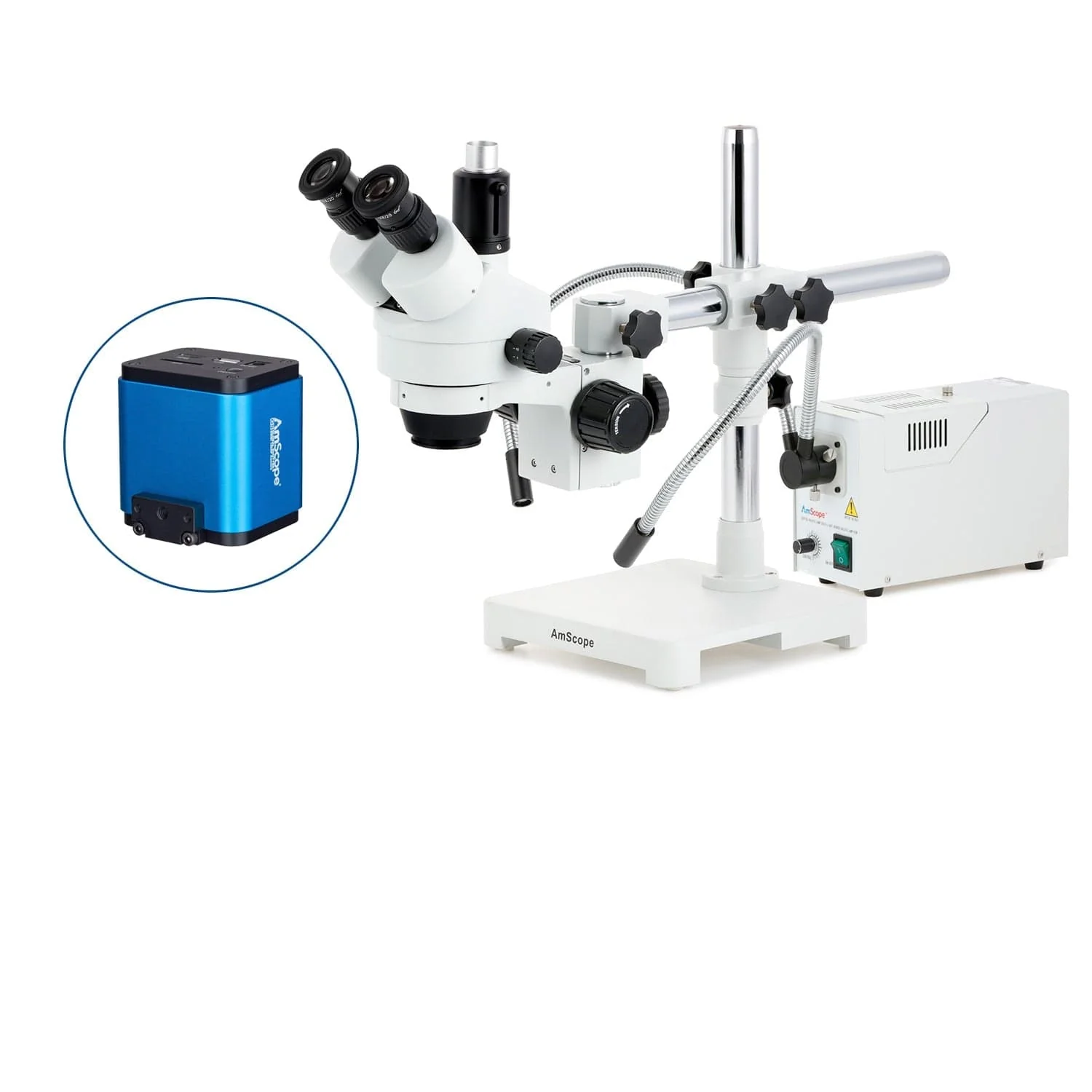 AmScope SM-3 Series Simul-Focal Zoom Trinocular Stereo Microscope with 150W Halogen Dual Fiber Gooseneck Lights and HDMI Camera on Single Arm Boom Stand - Image 9