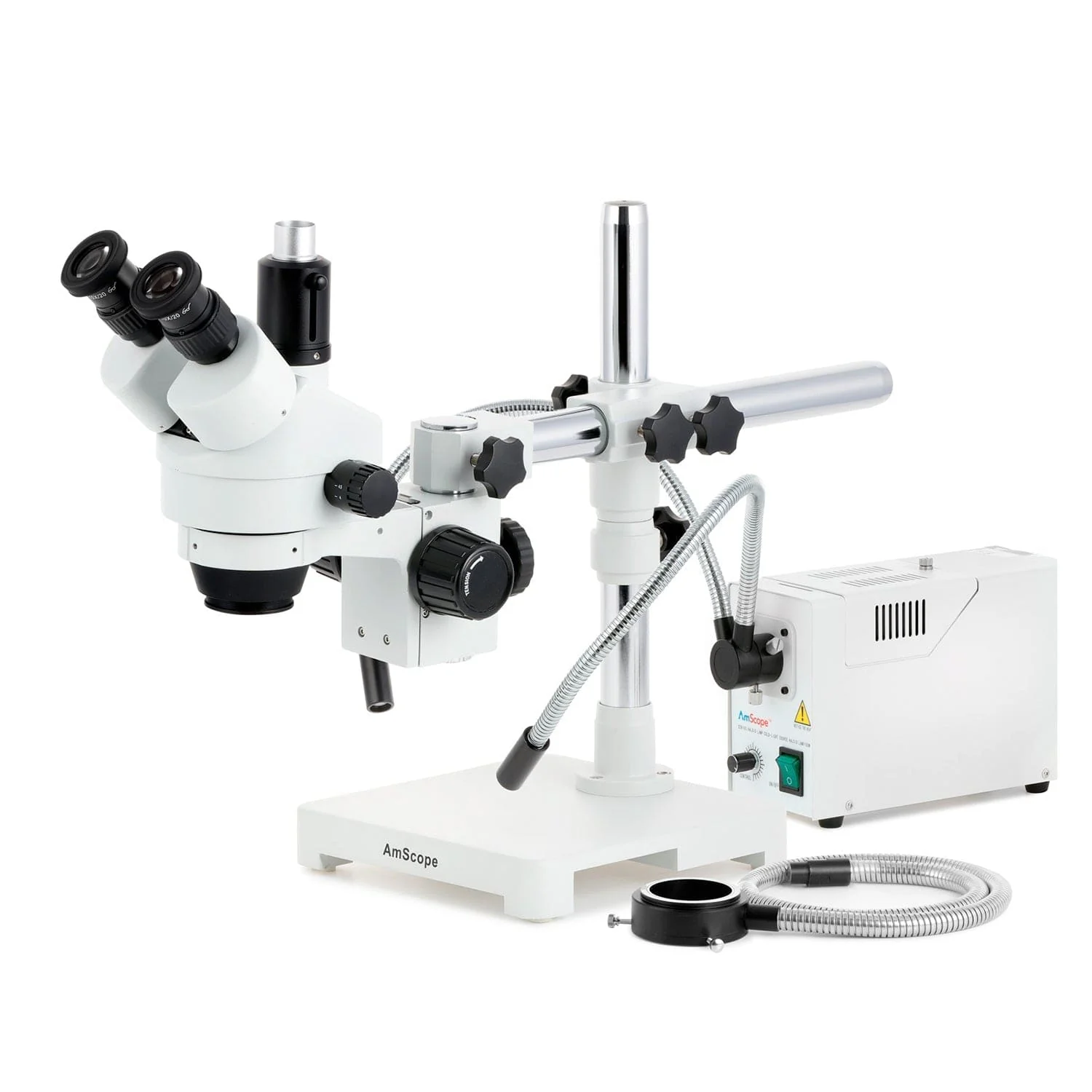 AmScope SM-3 Series Simul-Focal Zoom Trinocular Stereo Microscope with 150W Halogen Dual Gooseneck & Ring Lights and Auto Focus Camera on Single Arm Boom Stand - Image 2