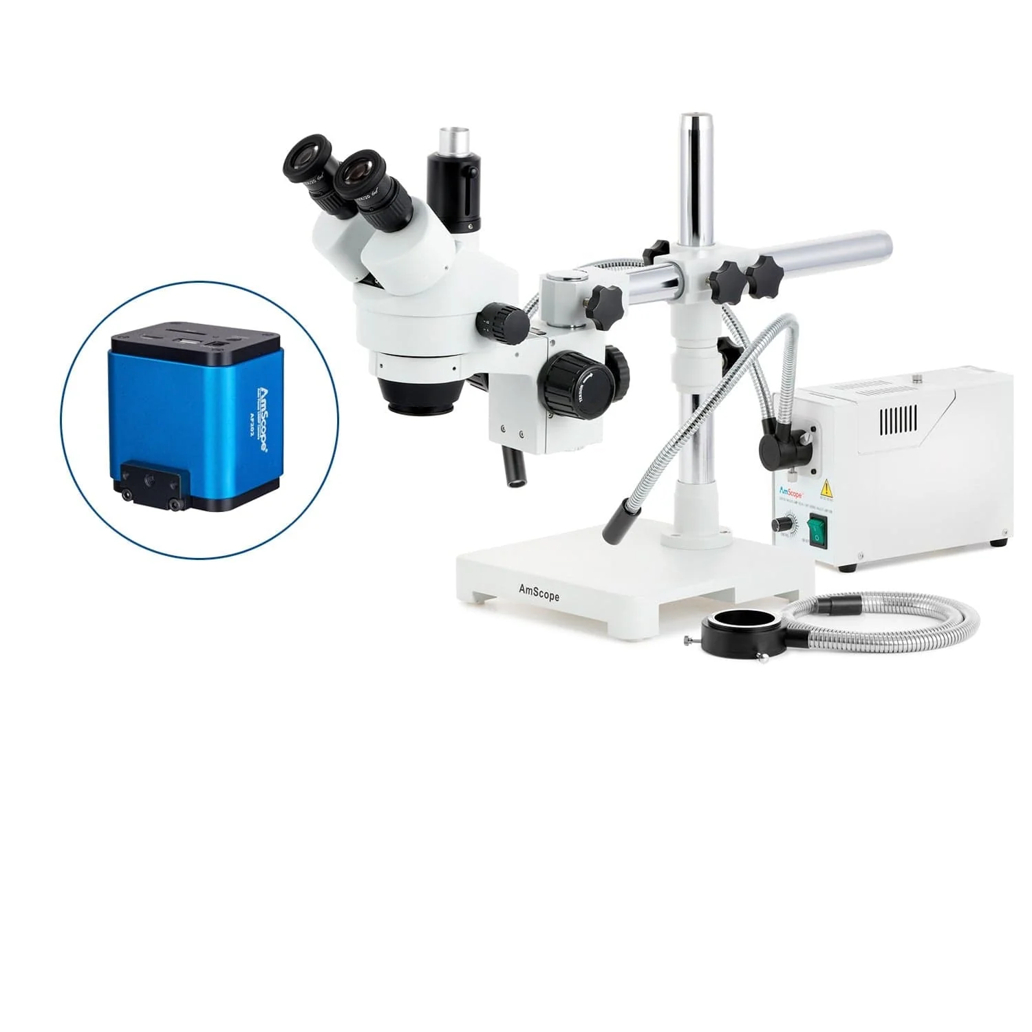 AmScope SM-3 Series Simul-Focal Zoom Trinocular Stereo Microscope with 150W Halogen Dual Gooseneck & Ring Lights and Auto Focus Camera on Single Arm Boom Stand - Image 5
