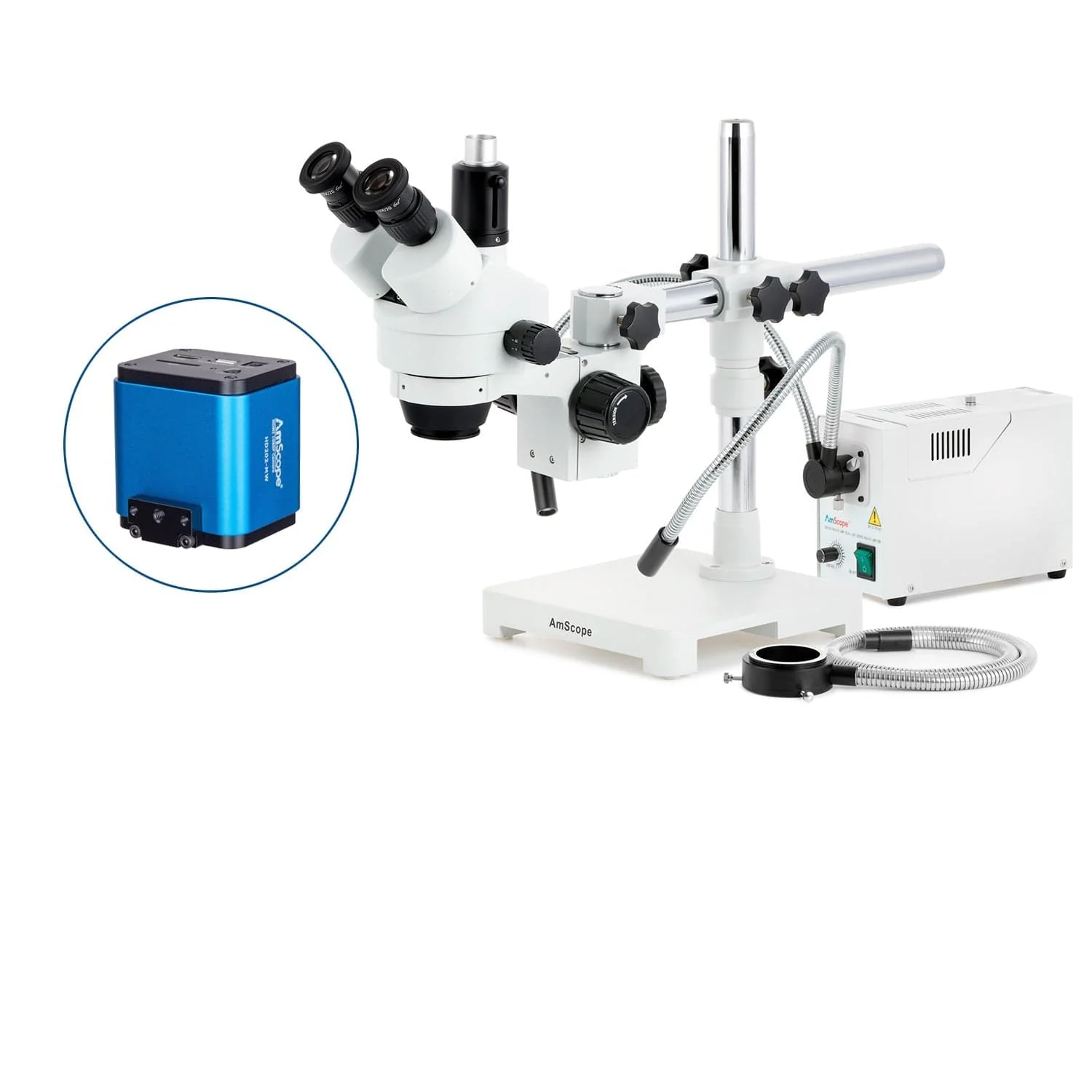 AmScope SM-3 Series Simul-Focal Zoom Trinocular Stereo Microscope with 150W Halogen Dual Gooseneck & Ring Lights and HDMI Camera on Single Arm Boom Stand - Image 5