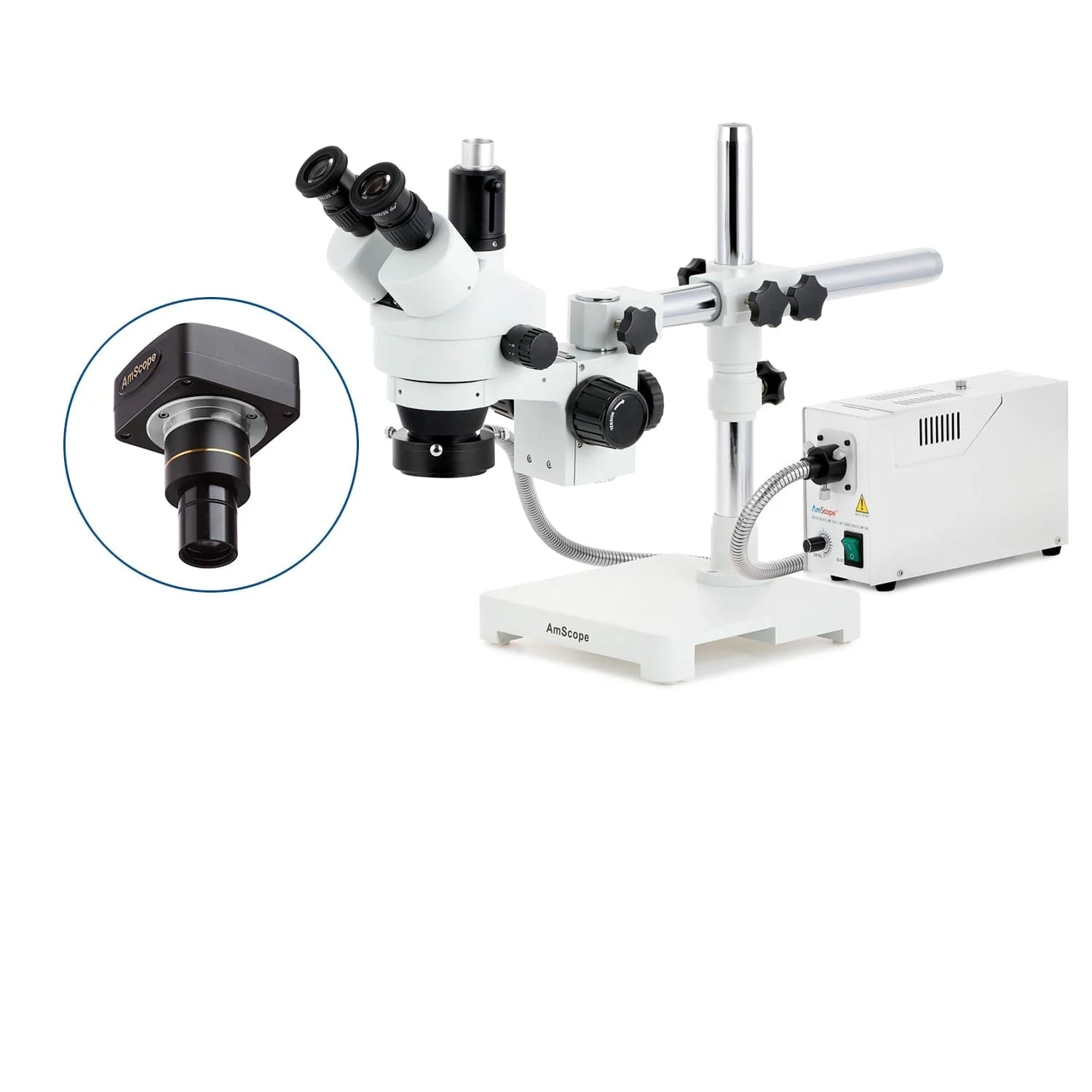 AmScope SM-3 Series Simul-Focal Zoom Trinocular Stereo Microscope with 150W Halogen Ring Light and Optional Digital Camera on Single Arm Boom Stand - Image 2