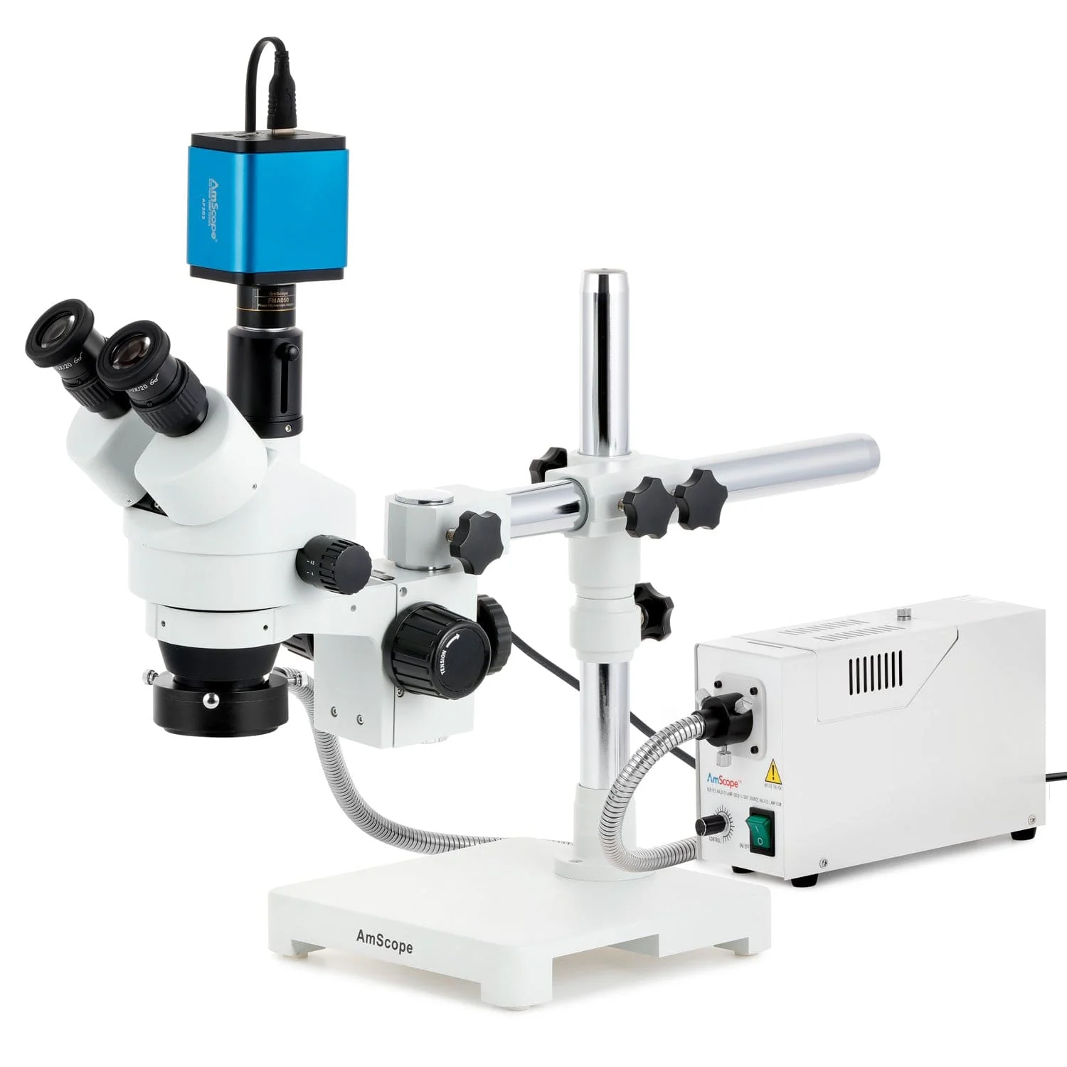 AmScope SM-3 Series Simul-Focal Zoom Trinocular Stereo Microscope with 150W Halogen Ring Light and Auto Focus Camera on Single Arm Boom Stand