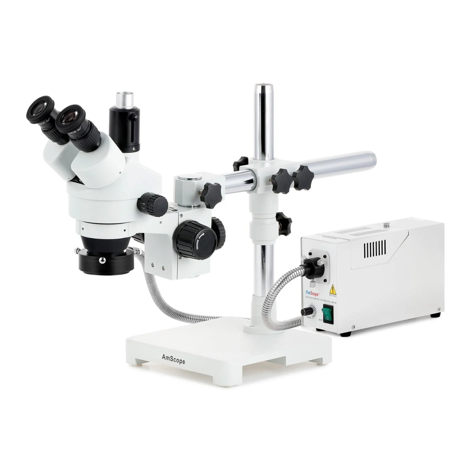 AmScope SM-3 Series Simul-Focal Zoom Trinocular Stereo Microscope with 150W Halogen Ring Light and Auto Focus Camera on Single Arm Boom Stand - Image 2