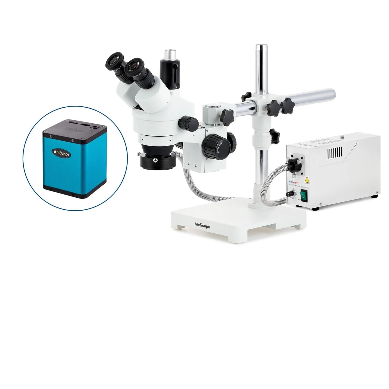AmScope SM-3 Series Simul-Focal Zoom Trinocular Stereo Microscope with 150W Halogen Ring Light and Auto Focus Camera on Single Arm Boom Stand - Image 3