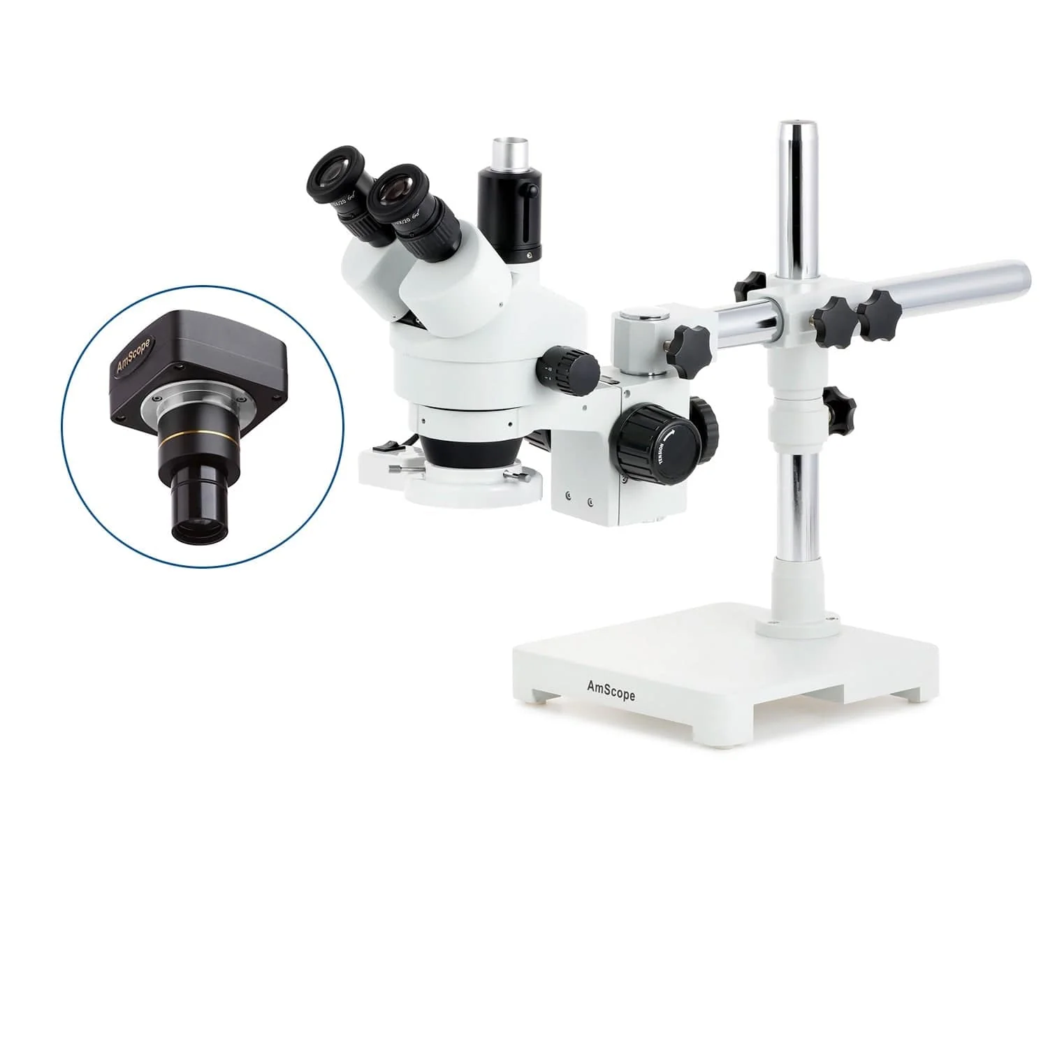 AmScope SM-3 Series Simul-Focal Zoom Trinocular Stereo Microscope with 8W Fluorescent Ring Light and Optional Digital Camera on Single Arm Boom Stand - Image 2
