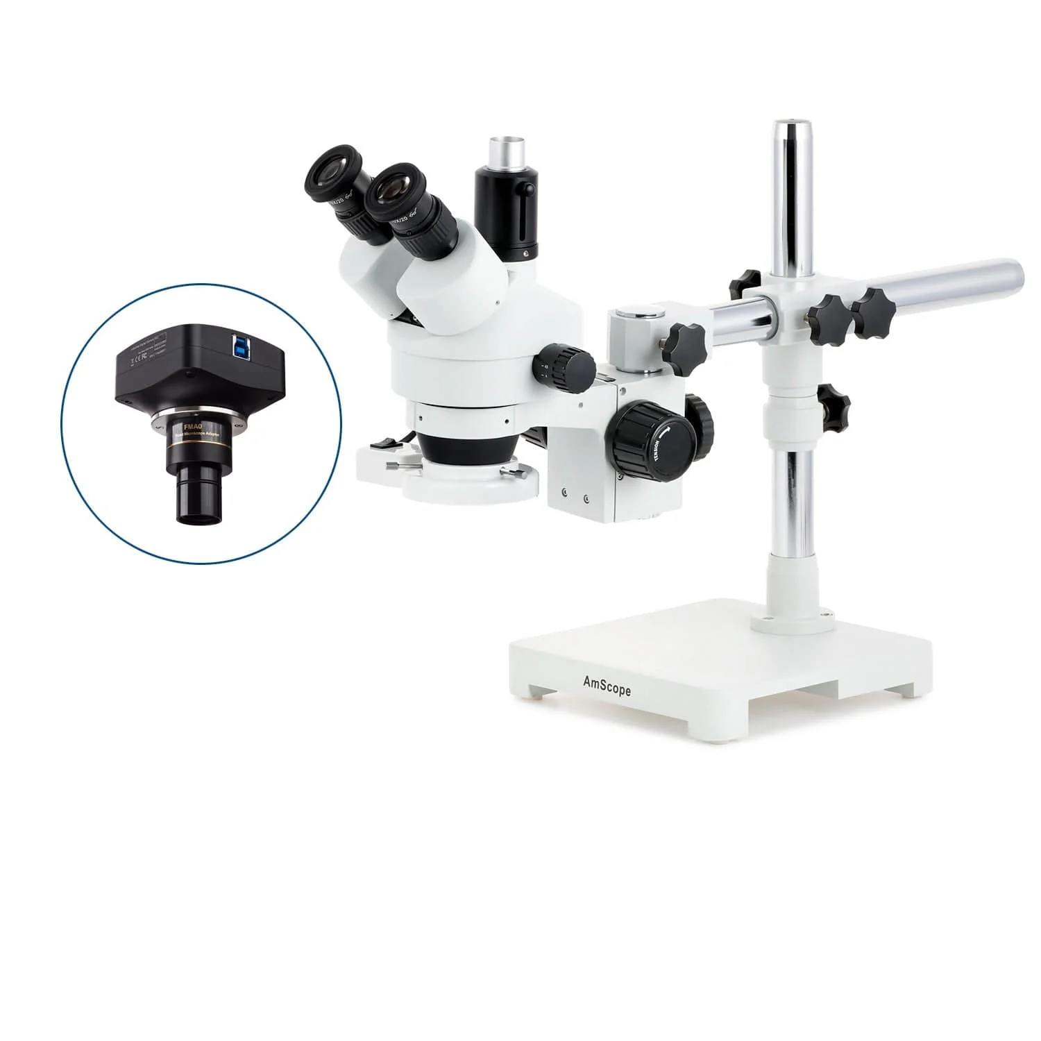 AmScope SM-3 Series Simul-Focal Zoom Trinocular Stereo Microscope with 8W Fluorescent Ring Light and Optional Digital Camera on Single Arm Boom Stand - Image 4