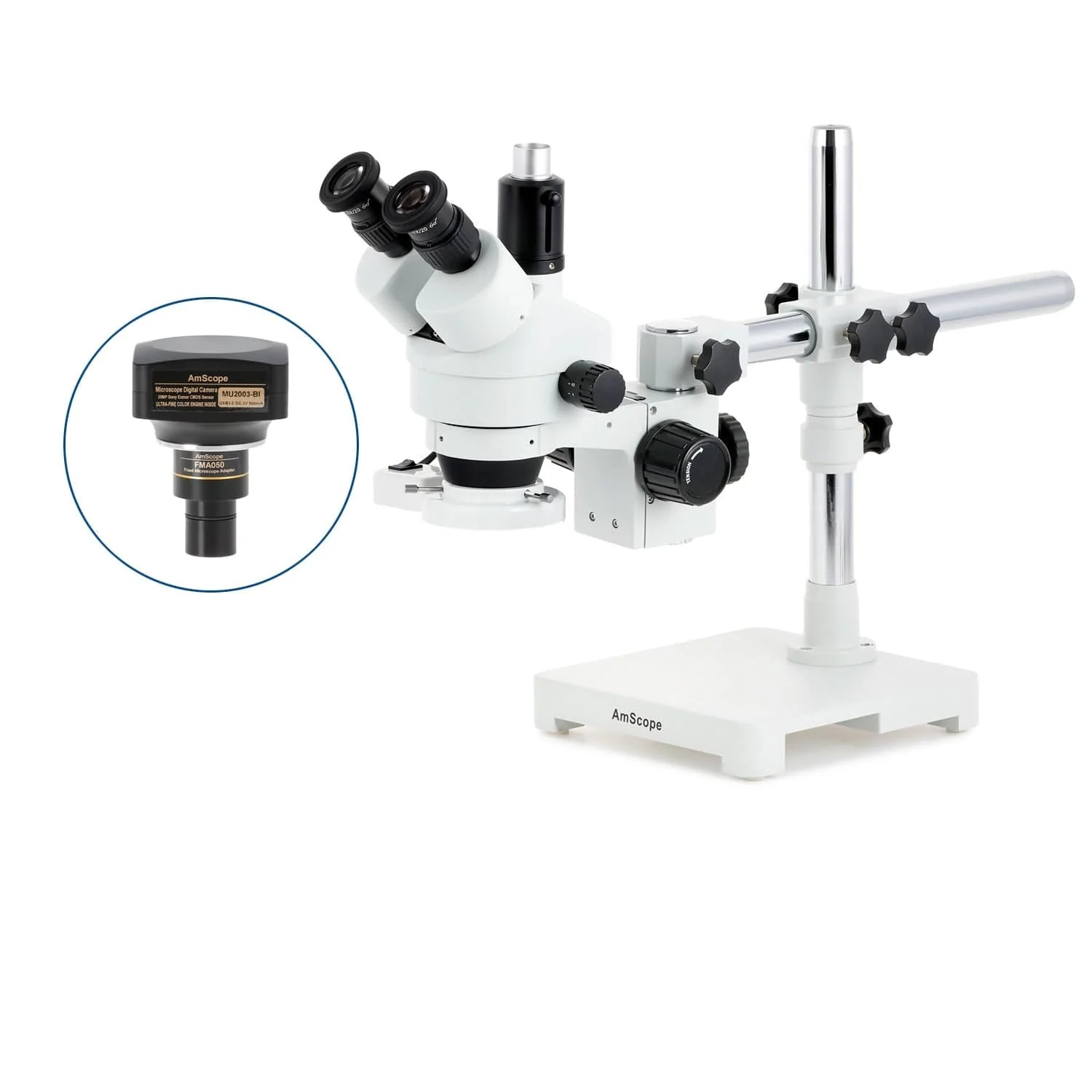 AmScope SM-3 Series Simul-Focal Zoom Trinocular Stereo Microscope with 8W Fluorescent Ring Light and Optional Digital Camera on Single Arm Boom Stand - Image 6