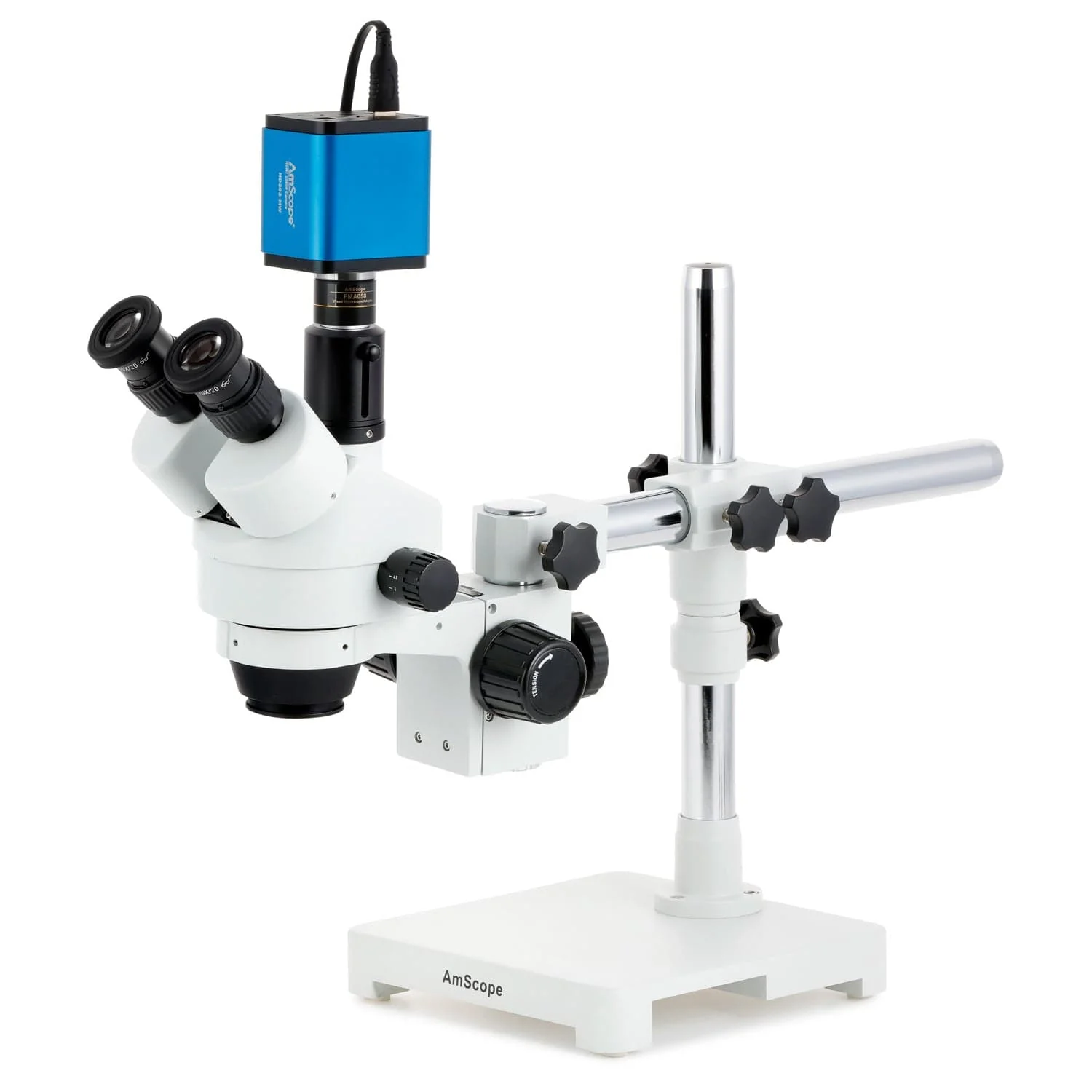 AmScope SM-3 Series Simul-Focal Zoom Trinocular Stereo Microscope with HDMI Camera on Single Arm Boom Stand