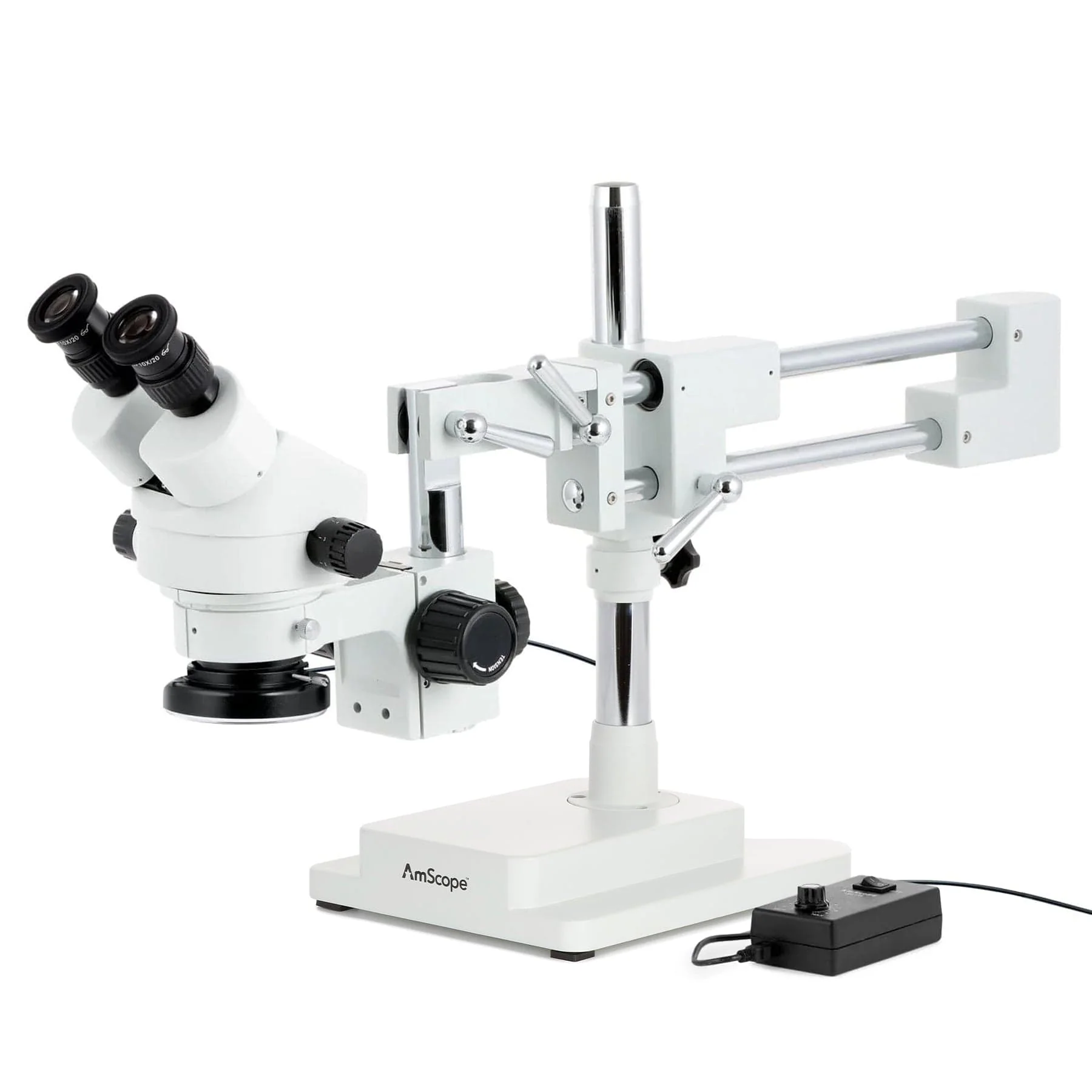 AmScope SM-4 Series Zoom Binocular Stereo Microscope with 144 LED Ring Light and Optional Digital Camera on Double Arm Boom Stand