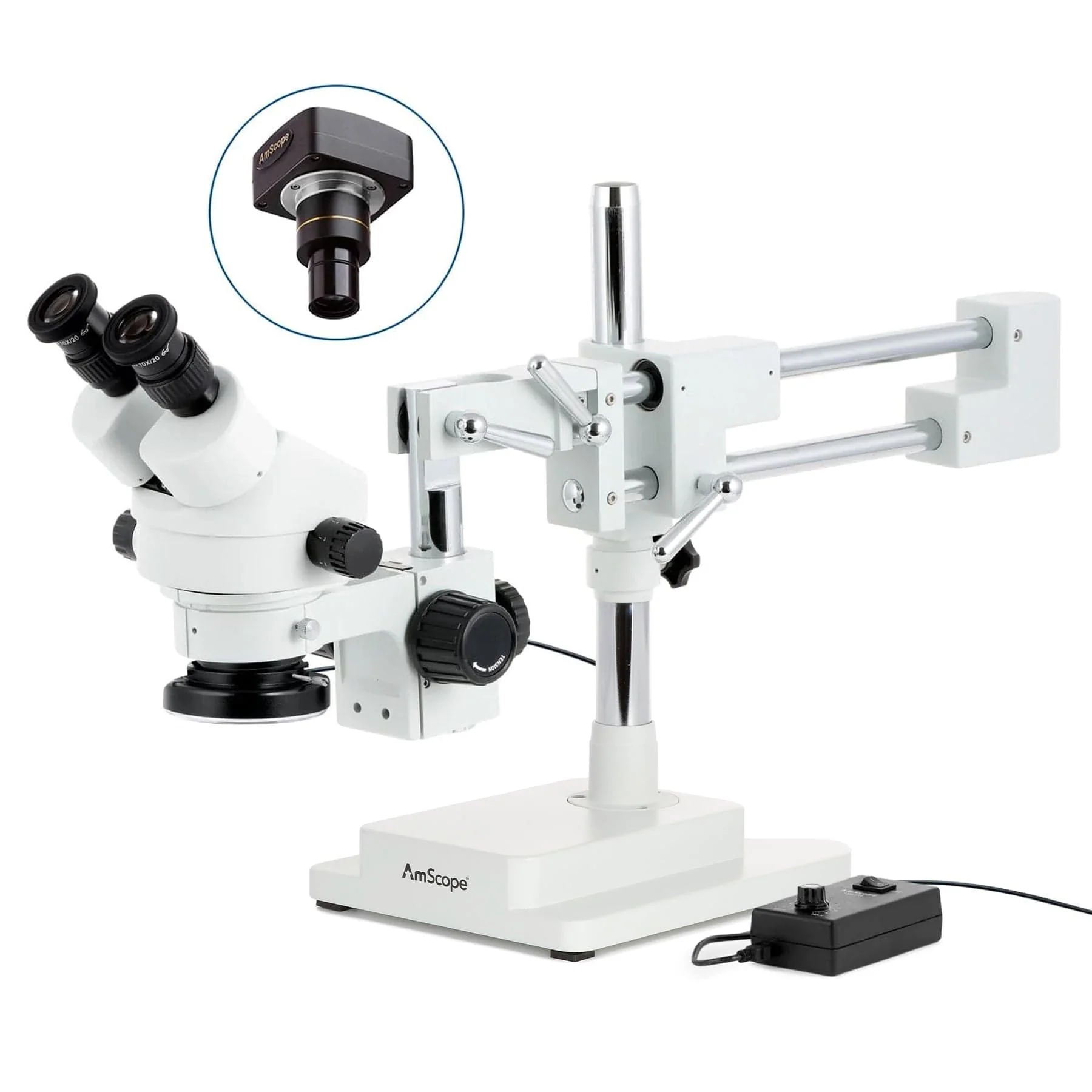 AmScope SM-4 Series Zoom Binocular Stereo Microscope with 144 LED Ring Light and Optional Digital Camera on Double Arm Boom Stand - Image 2