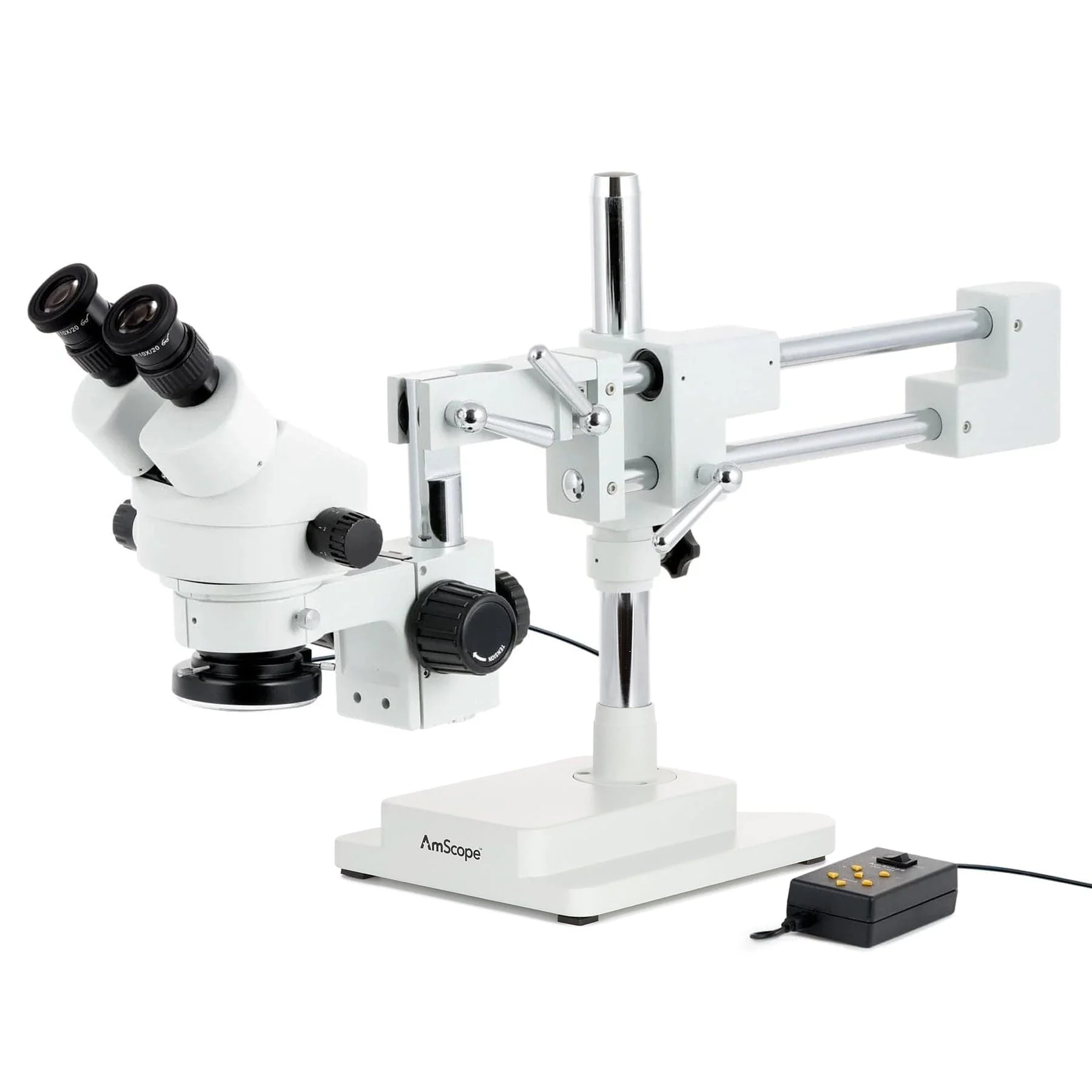 AmScope SM-4 Series Zoom Binocular Stereo Microscope with Multi-Zone 144 LED and Optional Digital Camera on Double Arm Boom Stand