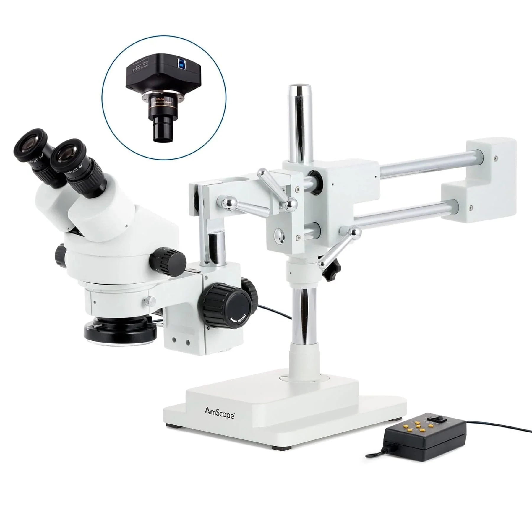 AmScope SM-4 Series Zoom Binocular Stereo Microscope with Multi-Zone 144 LED and Optional Digital Camera on Double Arm Boom Stand - Image 2
