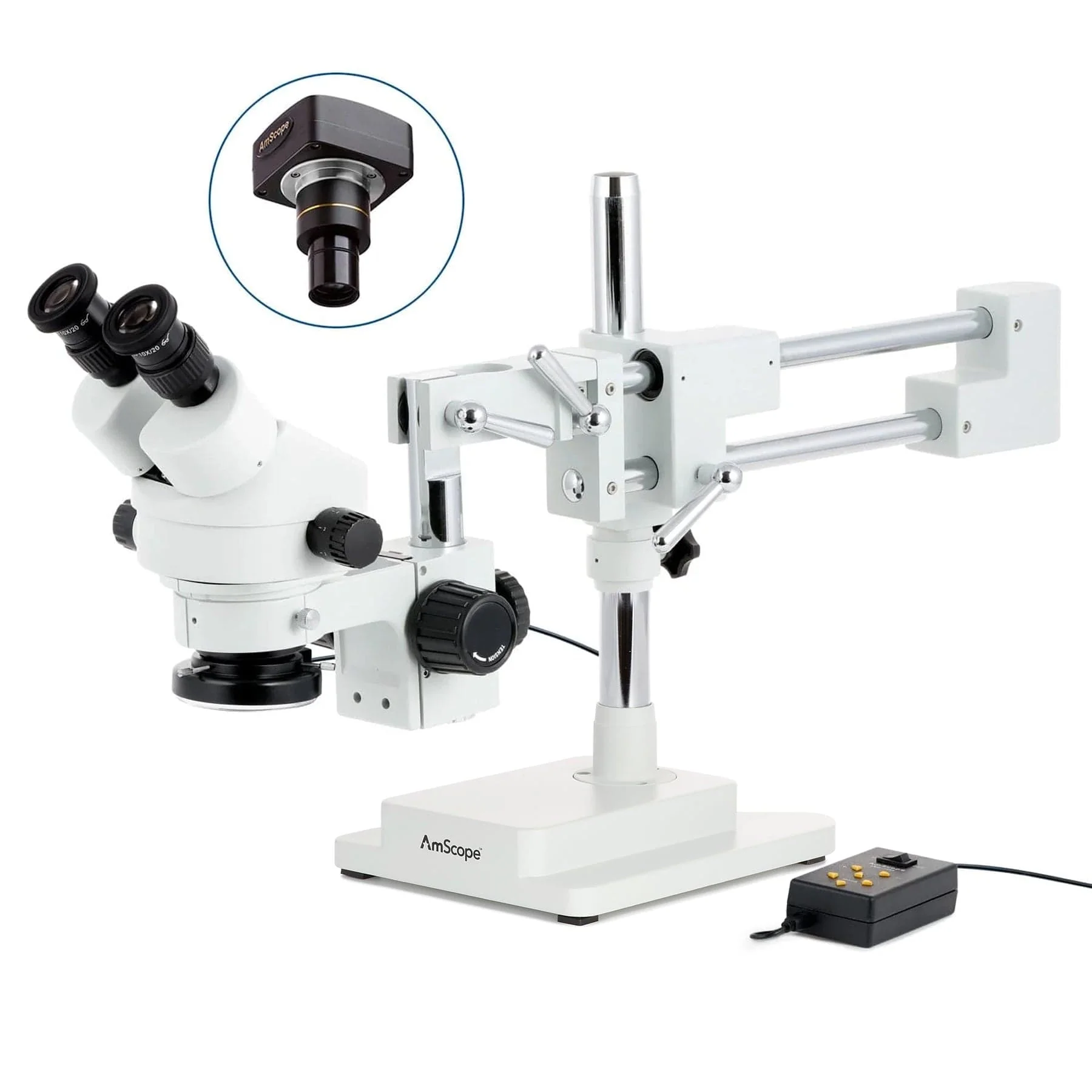 AmScope SM-4 Series Zoom Binocular Stereo Microscope with Multi-Zone 144 LED and Optional Digital Camera on Double Arm Boom Stand - Image 3