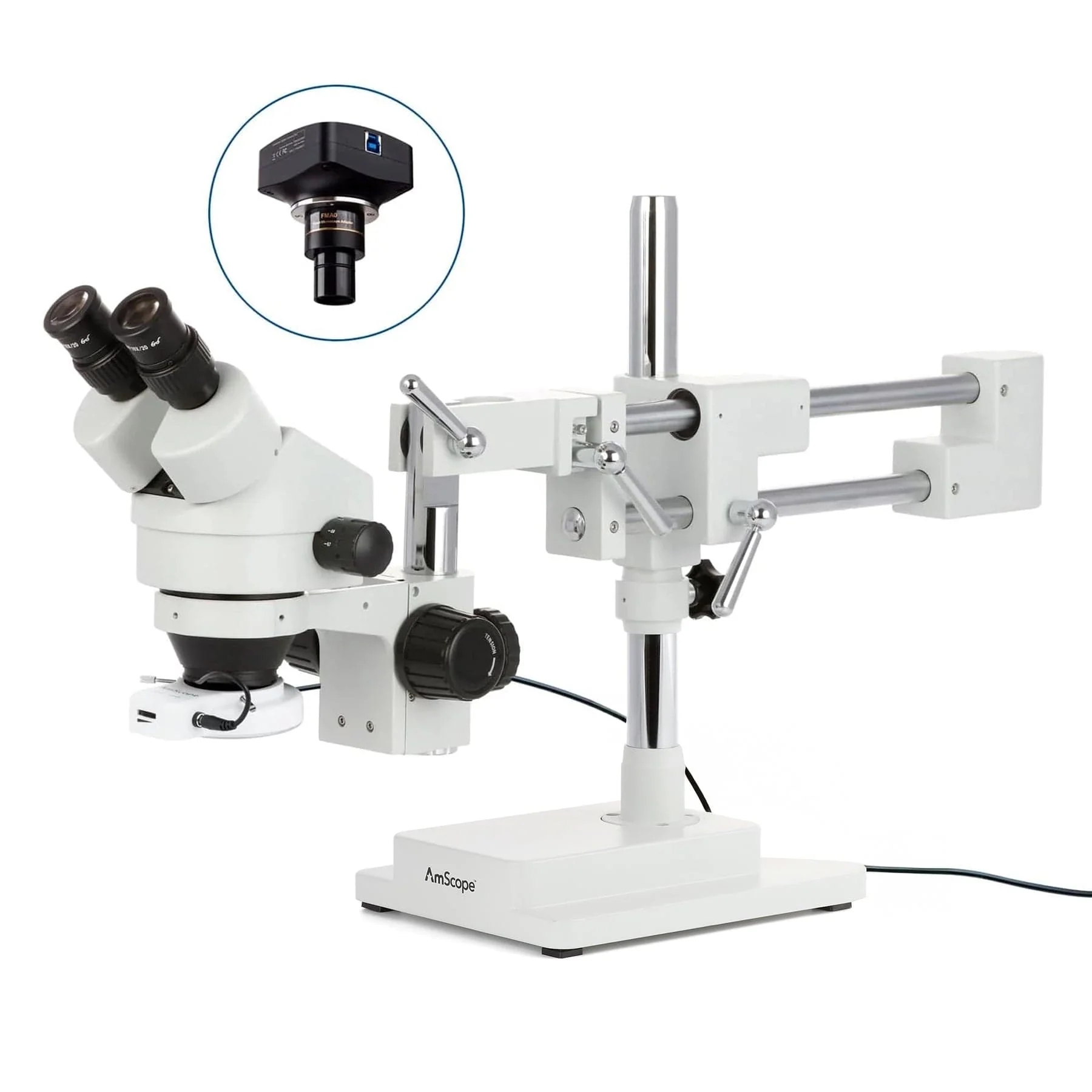 AmScope SM-4 Series Zoom Binocular Stereo Microscope with 144 LED Compact Ring Light and Optional Digital Camera on Double Arm Boom Stand - Image 4