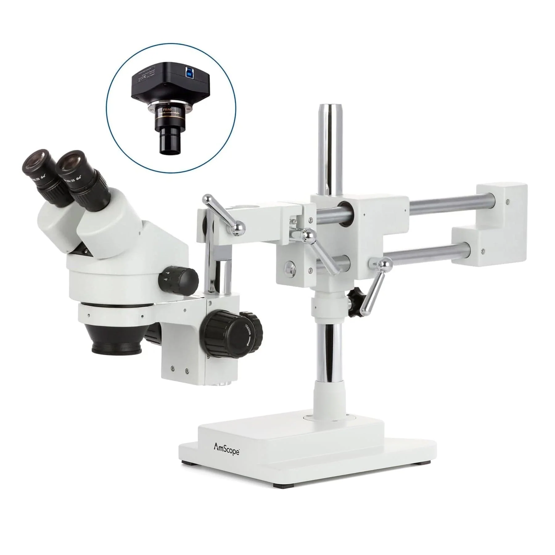 AmScope SM-4B Series Binocular Zoom Stereo Microscope with Optional Digital Camera on Double Arm Boom Stand - Image 2