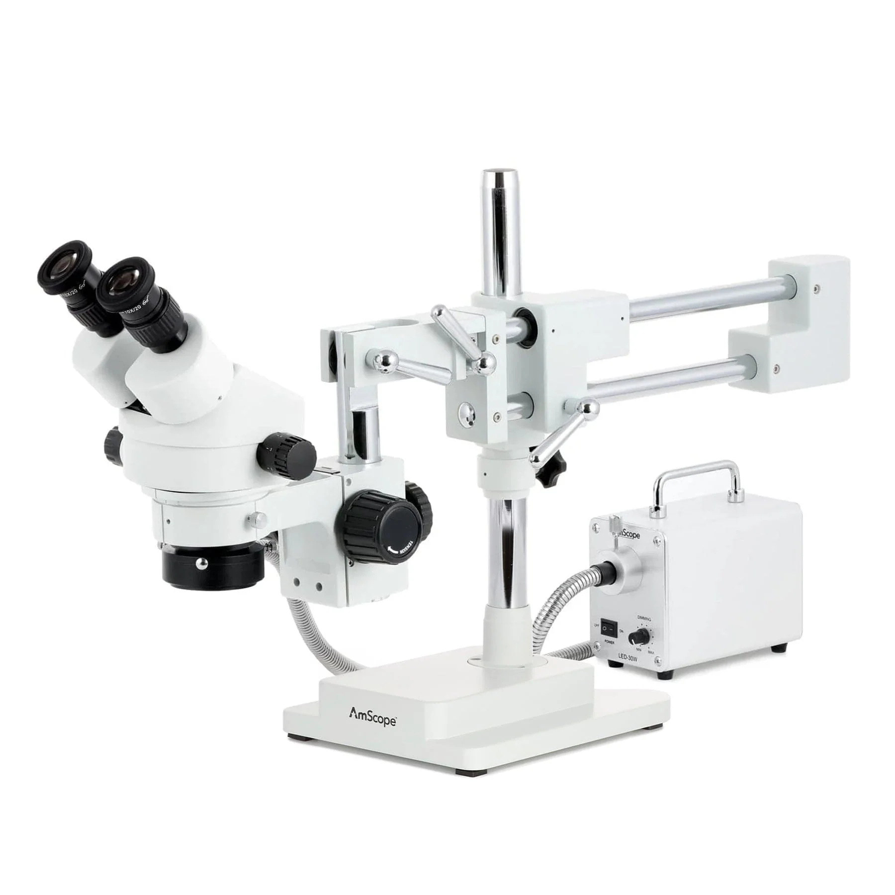 AmScope SM-4 Series Zoom Binocular Stereo Microscope with 30W LED Fiber Optic Ring Light and Optional Digital Camera on Double Arm Boom Stand