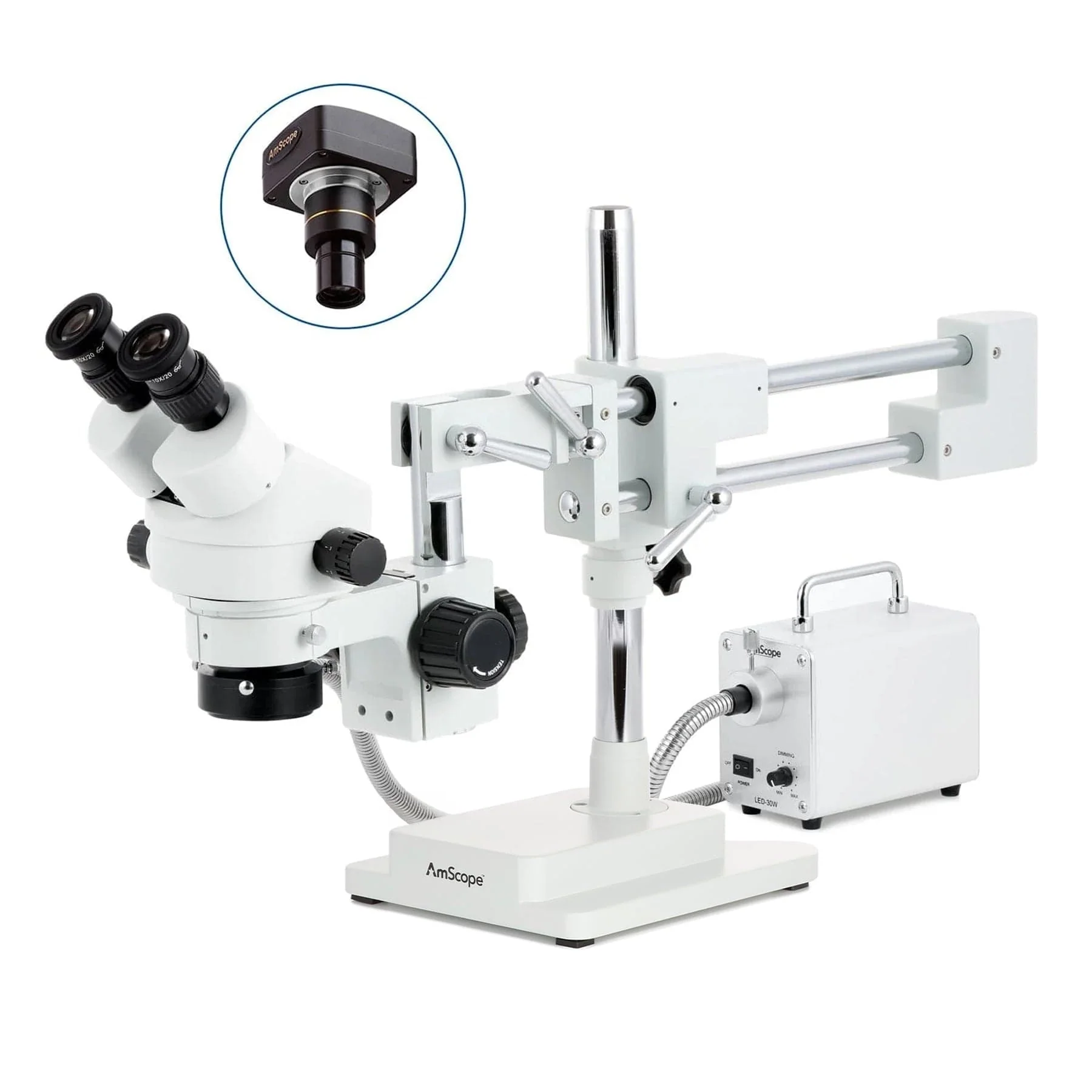 AmScope SM-4 Series Zoom Binocular Stereo Microscope with 30W LED Fiber Optic Ring Light and Optional Digital Camera on Double Arm Boom Stand - Image 2