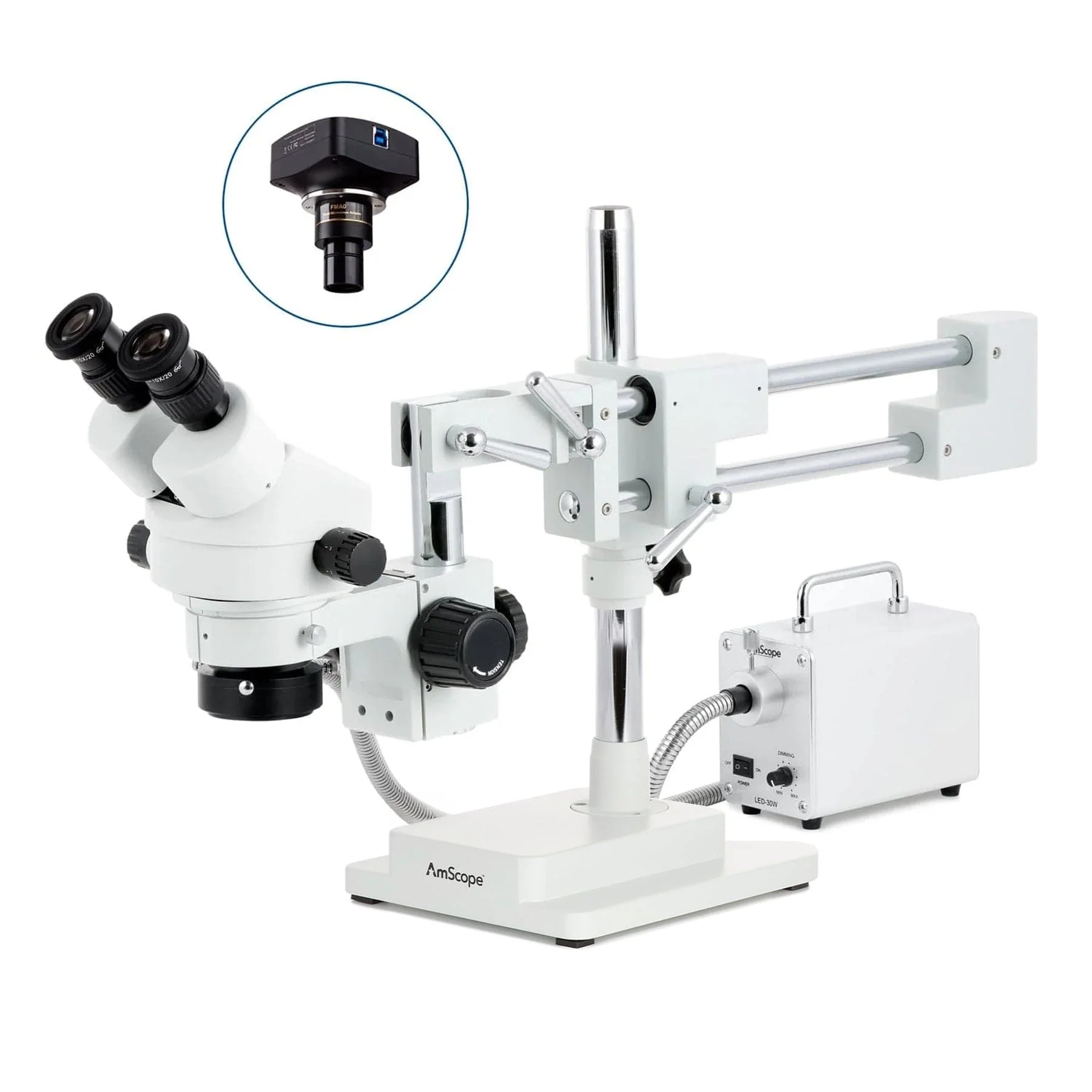 AmScope SM-4 Series Zoom Binocular Stereo Microscope with 30W LED Fiber Optic Ring Light and Optional Digital Camera on Double Arm Boom Stand - Image 4