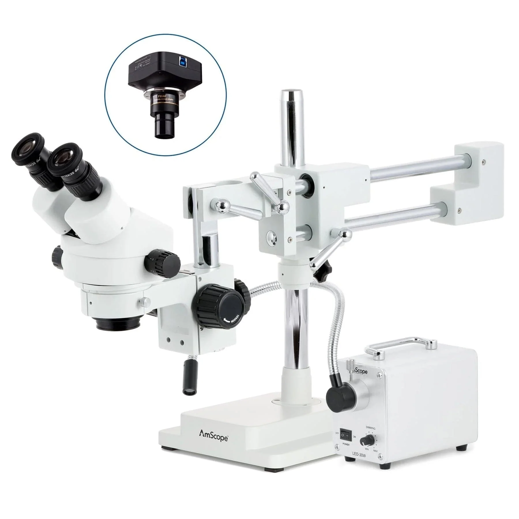 AmScope SM-4 Series Zoom Binocular Stereo Microscope with 30W LED Single Fiber Optic Gooseneck Light and Optional Digital Camera on Double Arm Boom Stand - Image 4