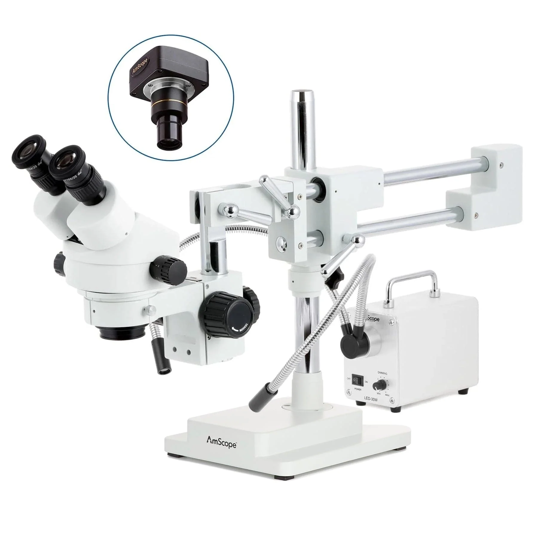 AmScope SM-4 Series Zoom Binocular Stereo Microscope with 30W LED Dual Gooseneck Fiber Optic Lights and Optional Digital Camera on Double Arm Boom Stand - Image 2