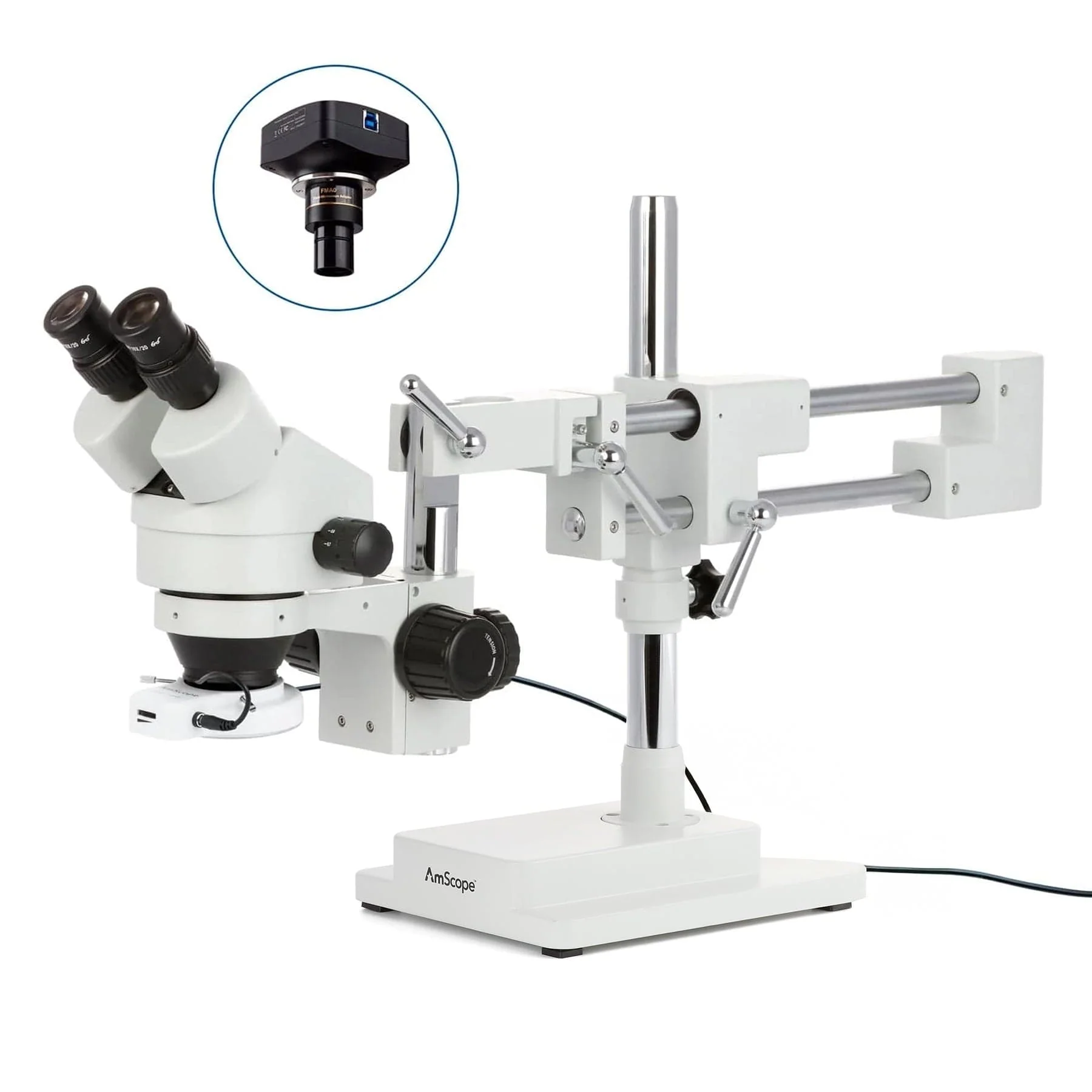 AmScope SM-4 Series Zoom Binocular Stereo Microscope with 56 LED Compact Ring Light and Optional Digital Camera on Double Arm Boom Stand - Image 4