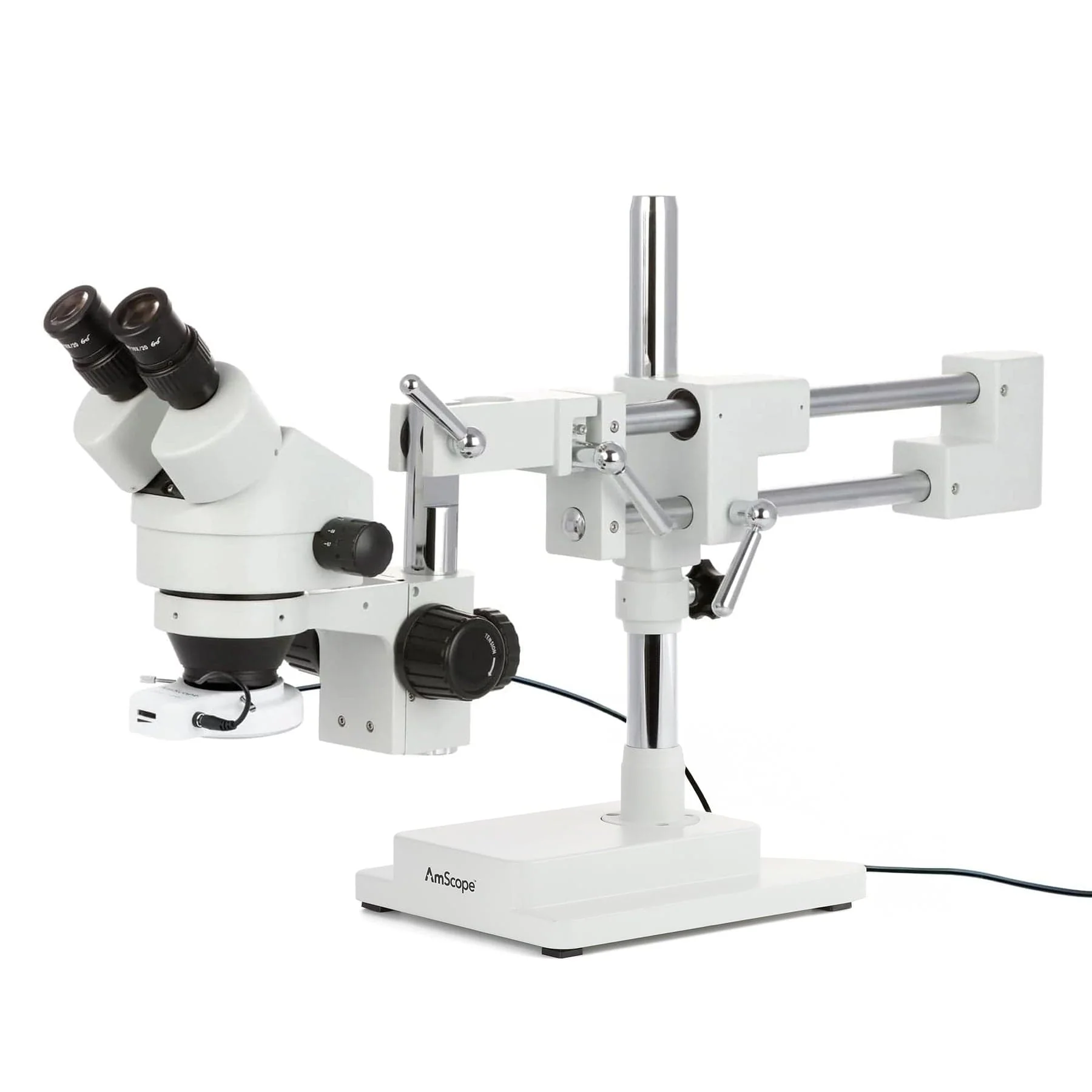 AmScope SM-4 Series Zoom Binocular Stereo Microscope with 64 LED Compact Ring Light and Optional Digital Camera on Double Arm Boom Stand