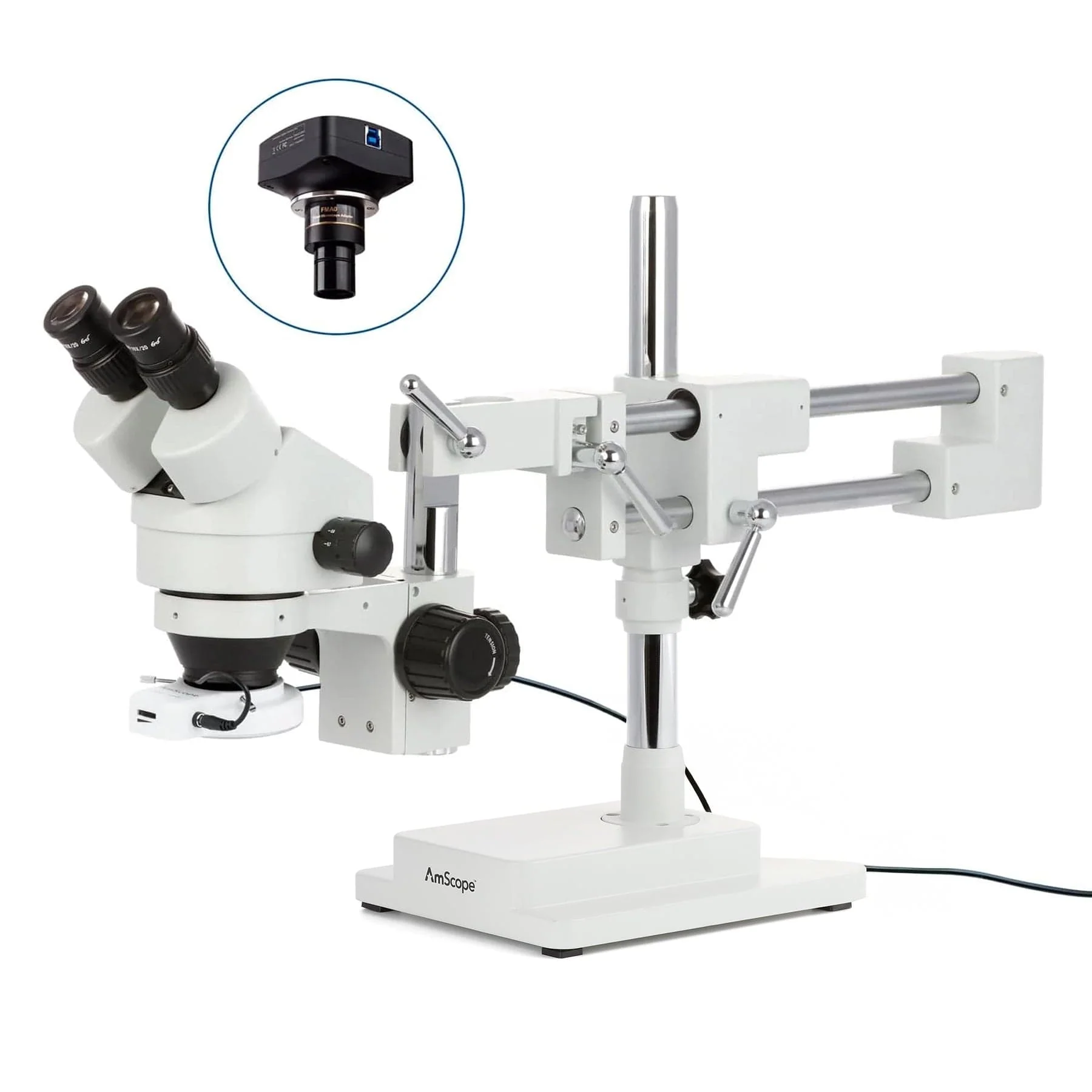AmScope SM-4 Series Zoom Binocular Stereo Microscope with 64 LED Compact Ring Light and Optional Digital Camera on Double Arm Boom Stand - Image 4