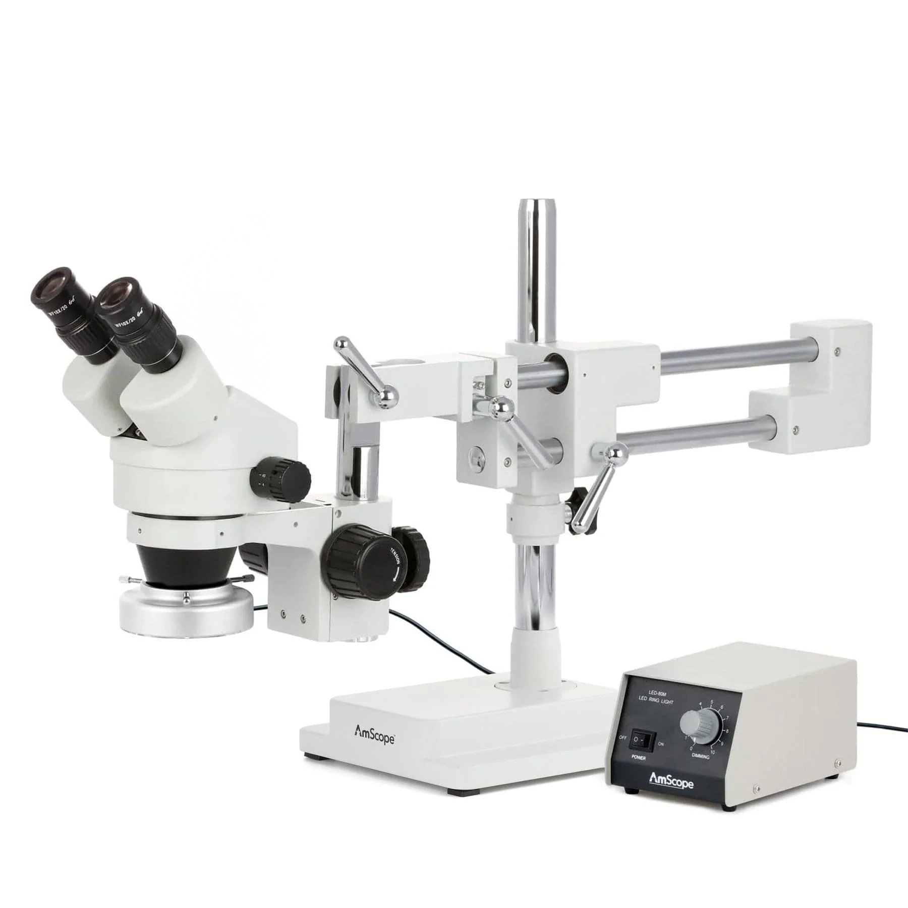 AmScope SM-4 Series Zoom Binocular Stereo Microscope with Heavy Duty 80 LED Ring Light and Optional Digital Camera on Double Arm Boom Stand