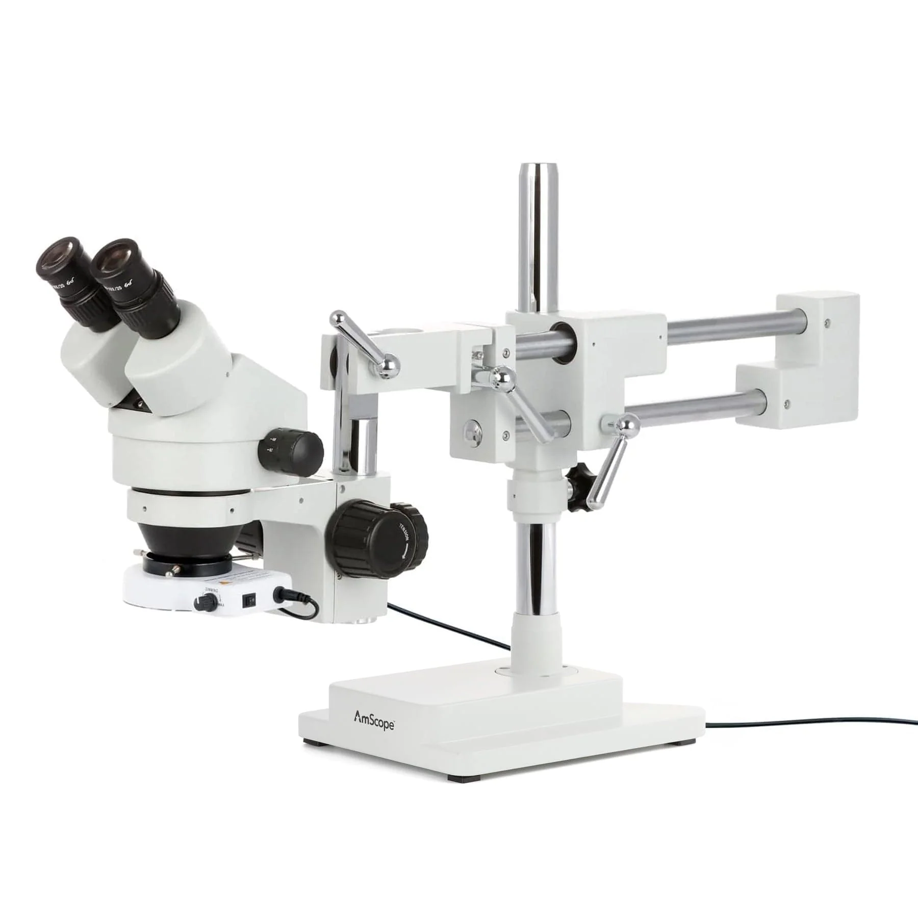 AmScope SM-4B Series Binocular Zoom Stereo Microscope w/80 LED Compact Ring Light and Optional Digital Camera on Double Arm Boom Stand
