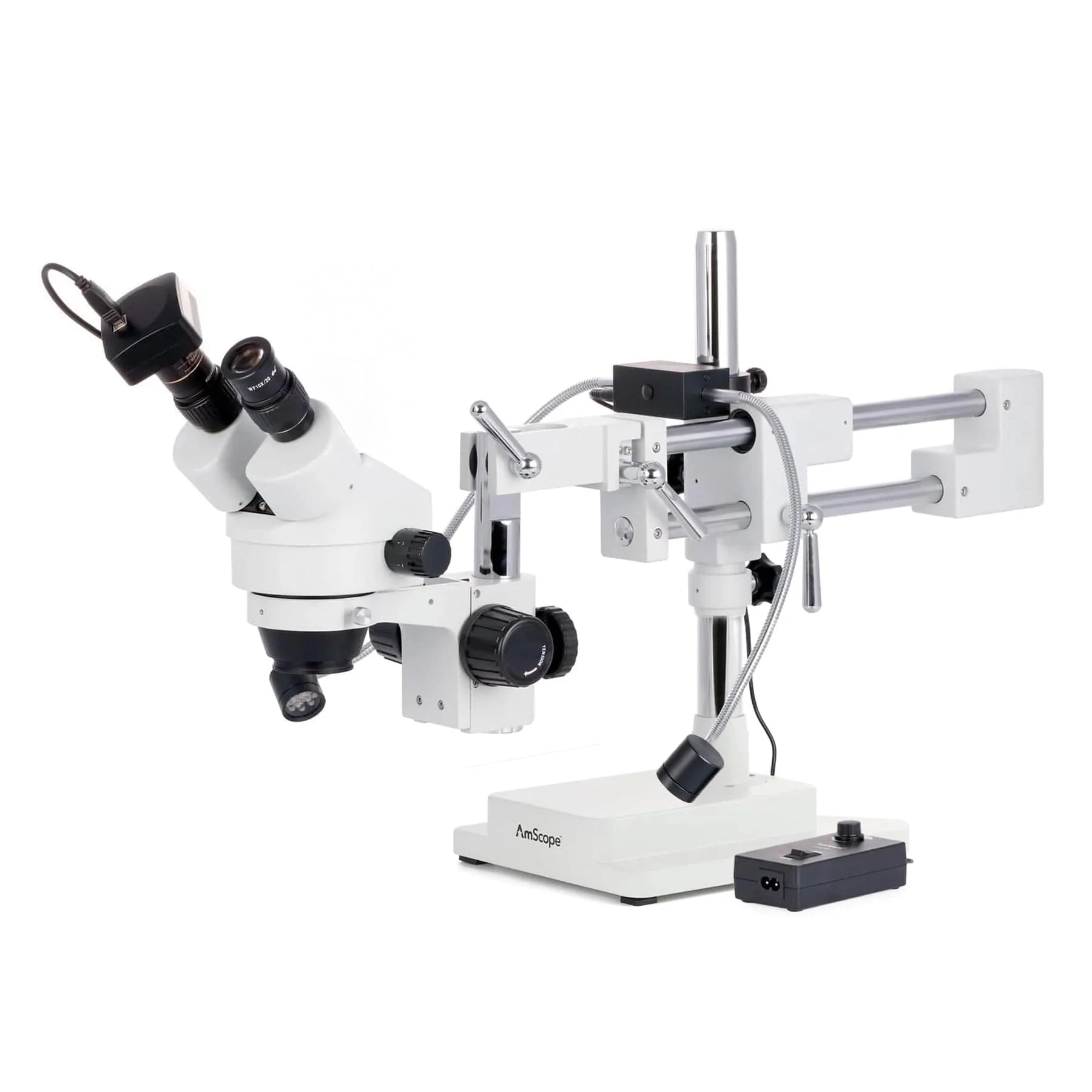 AmScope SM-4B Series Zoom Binocular Stereo Microscope 7X-45X Magnification with 8W LED Dual Gooseneck Illuminator and Optional Digital Camera on Double Arm Boom Stand - Image 2