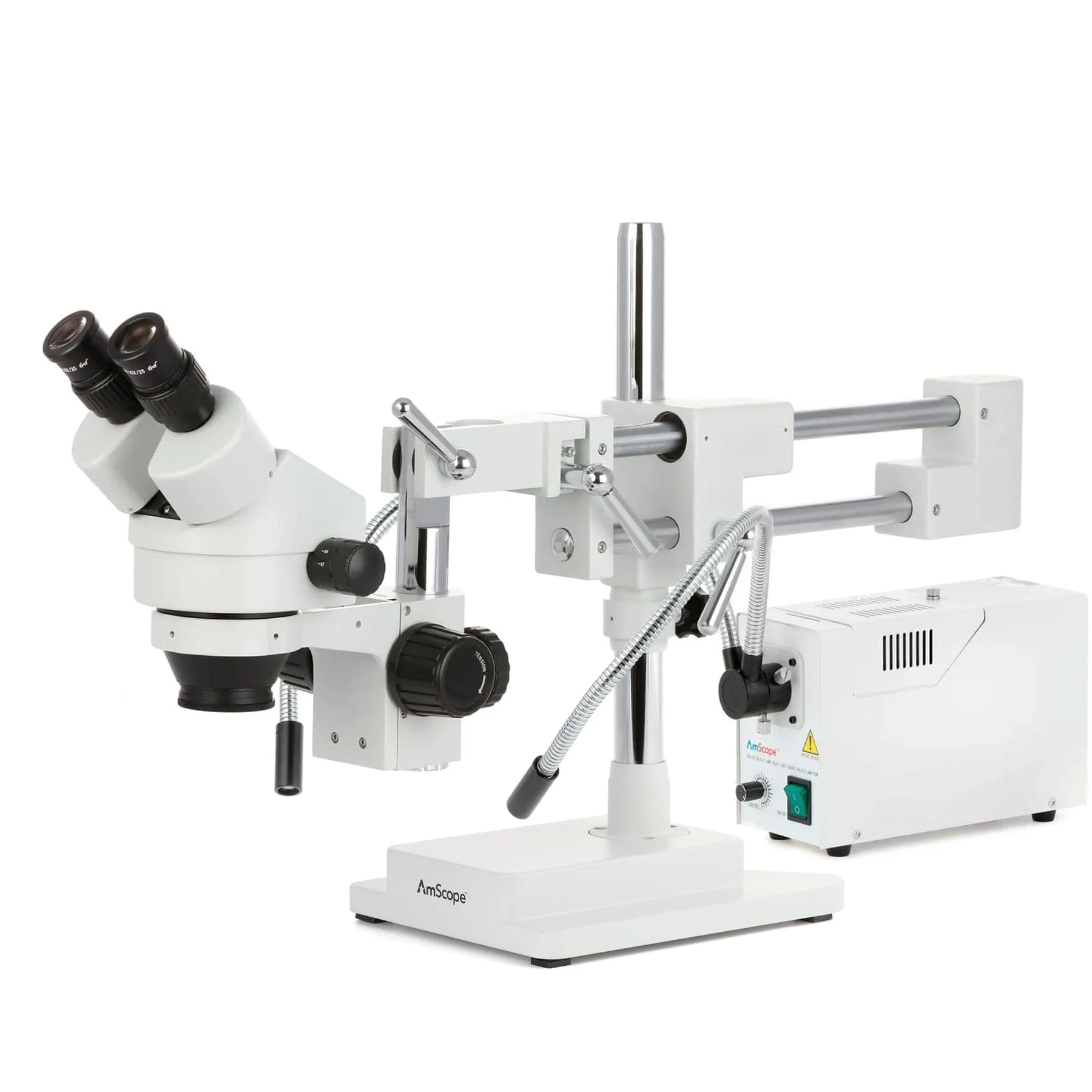 AmScope SM-4 Series Zoom Binocular Stereo Microscope with 150W Halogen Dual Fiber Gooseneck Lights and Optional Digital Camera on Double Arm Boom Stand