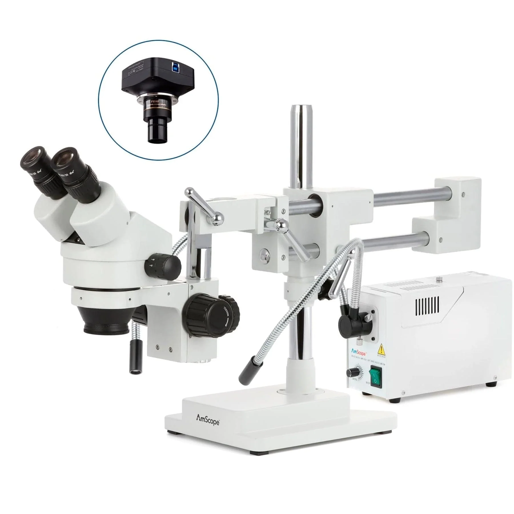 AmScope SM-4 Series Zoom Binocular Stereo Microscope with 150W Halogen Dual Fiber Gooseneck Lights and Optional Digital Camera on Double Arm Boom Stand - Image 2