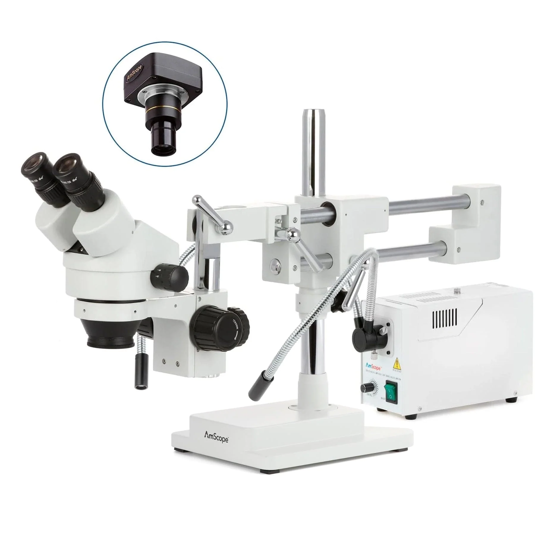 AmScope SM-4 Series Zoom Binocular Stereo Microscope with 150W Halogen Dual Fiber Gooseneck Lights and Optional Digital Camera on Double Arm Boom Stand - Image 3