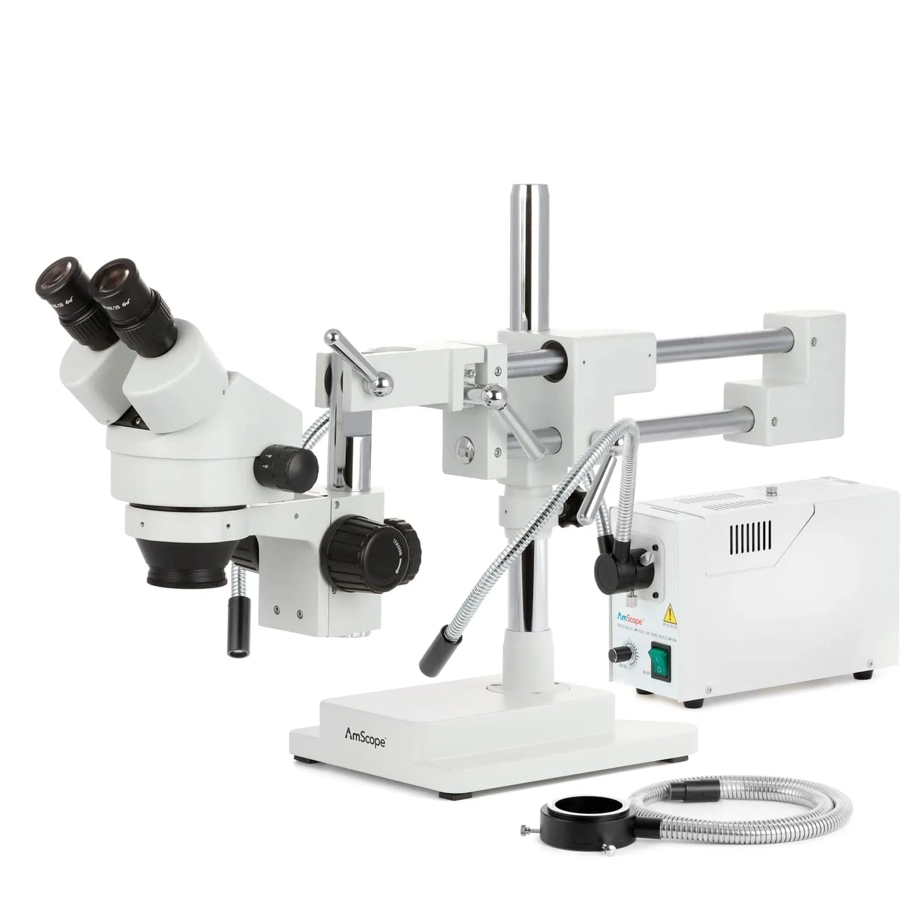AmScope SM-4 Series Zoom Binocular Stereo Microscope with 150W Halogen Dual Gooseneck & Ring Lights and Optional Digital Camera on Double Arm Boom Stand