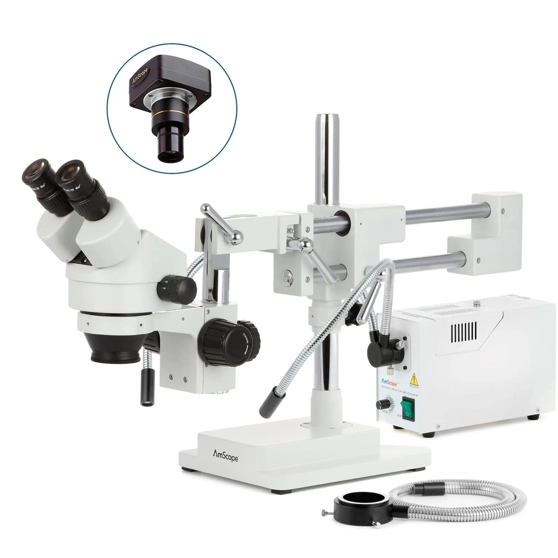 AmScope SM-4 Series Zoom Binocular Stereo Microscope with 150W Halogen Dual Gooseneck & Ring Lights and Optional Digital Camera on Double Arm Boom Stand - Image 2