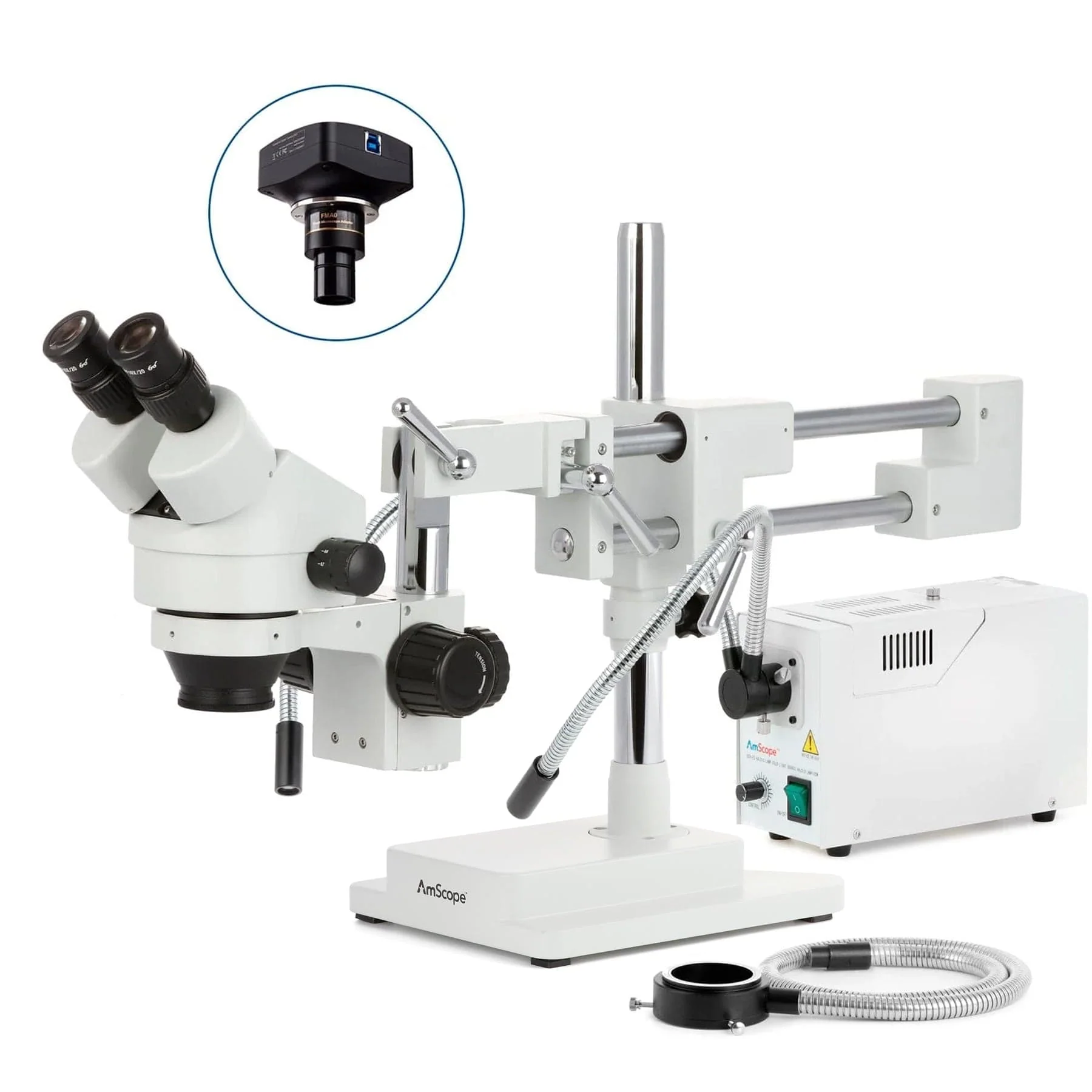 AmScope SM-4 Series Zoom Binocular Stereo Microscope with 150W Halogen Dual Gooseneck & Ring Lights and Optional Digital Camera on Double Arm Boom Stand - Image 3