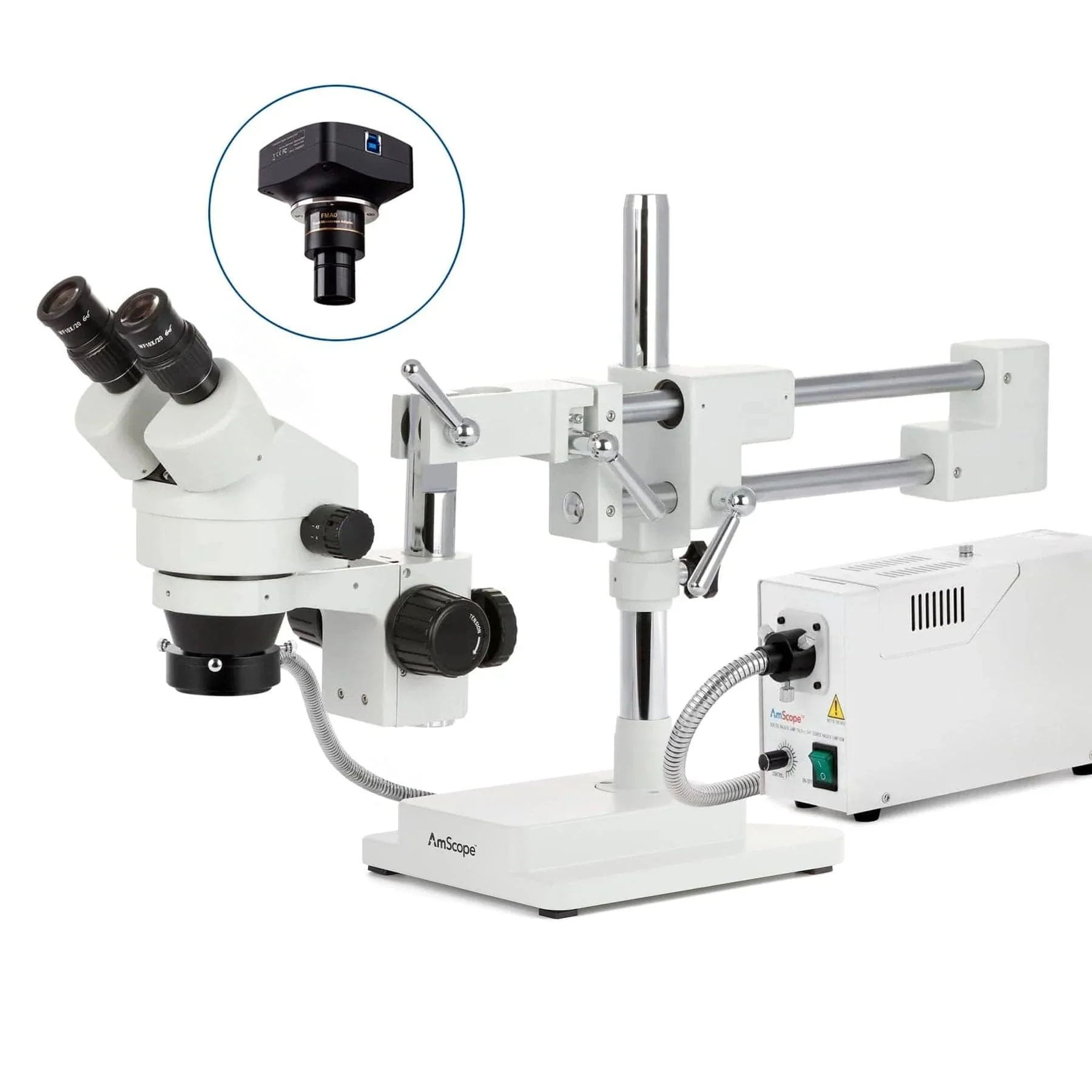 AmScope SM-4 Series Zoom Binocular Stereo Microscope with 150W Halogen Ring Light and Optional Digital Camera on Double Arm Boom Stand - Image 2