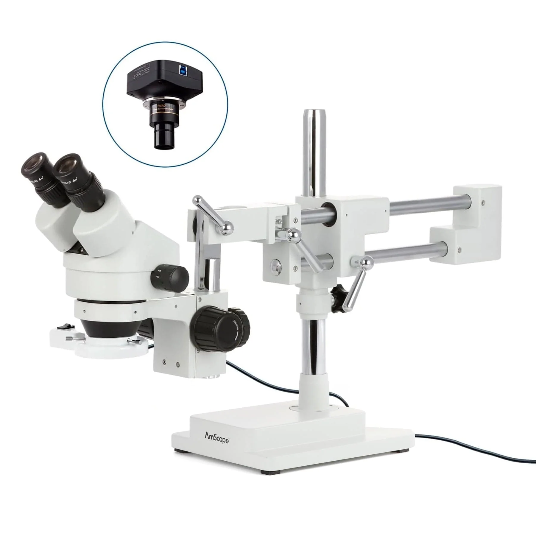 AmScope SM-4B Series Binocular Zoom Stereo Microscope with 8W Fluorescent Ring Light and Optional Digital Camera on Double Arm Boom Stand - Image 2
