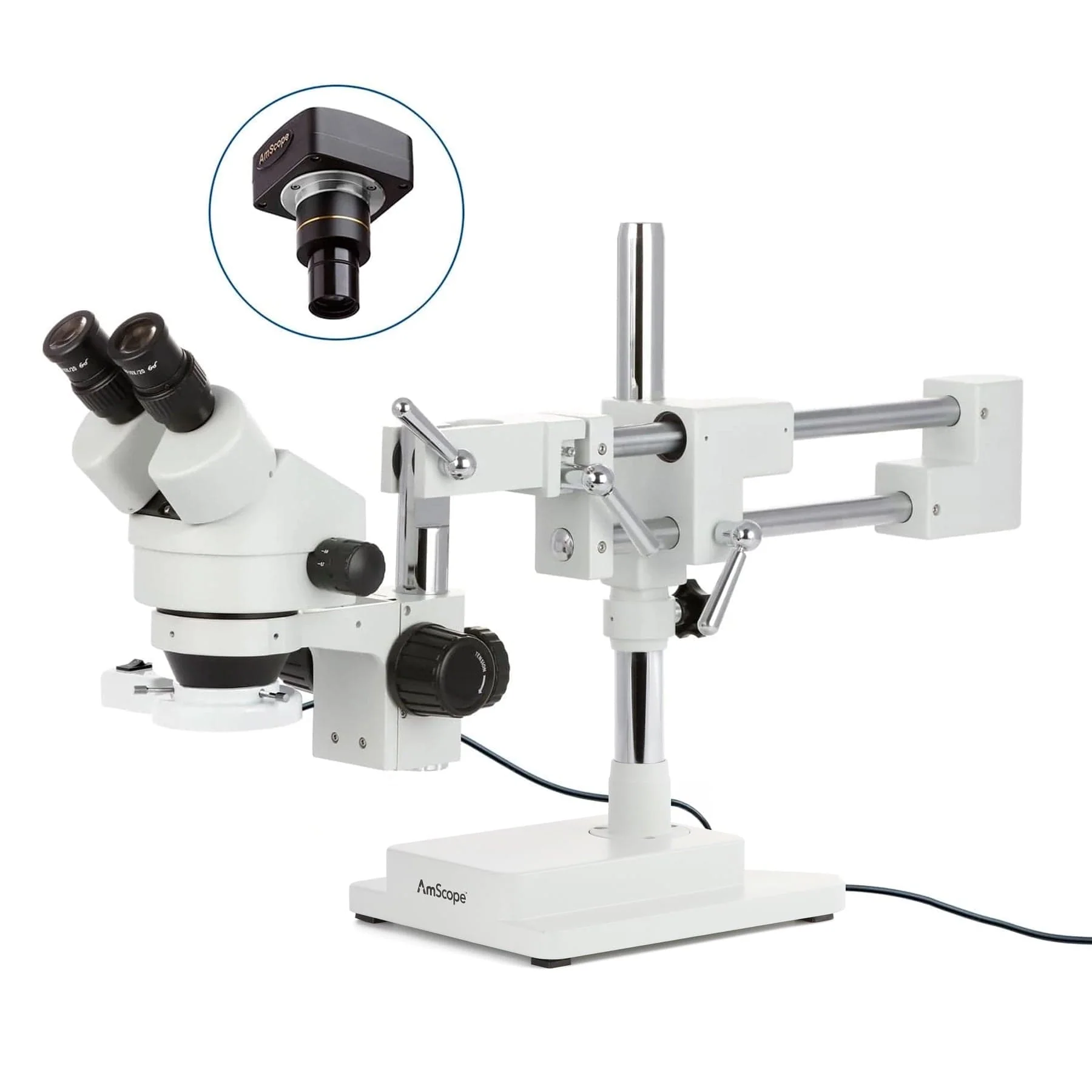 AmScope SM-4B Series Binocular Zoom Stereo Microscope with 8W Fluorescent Ring Light and Optional Digital Camera on Double Arm Boom Stand - Image 3