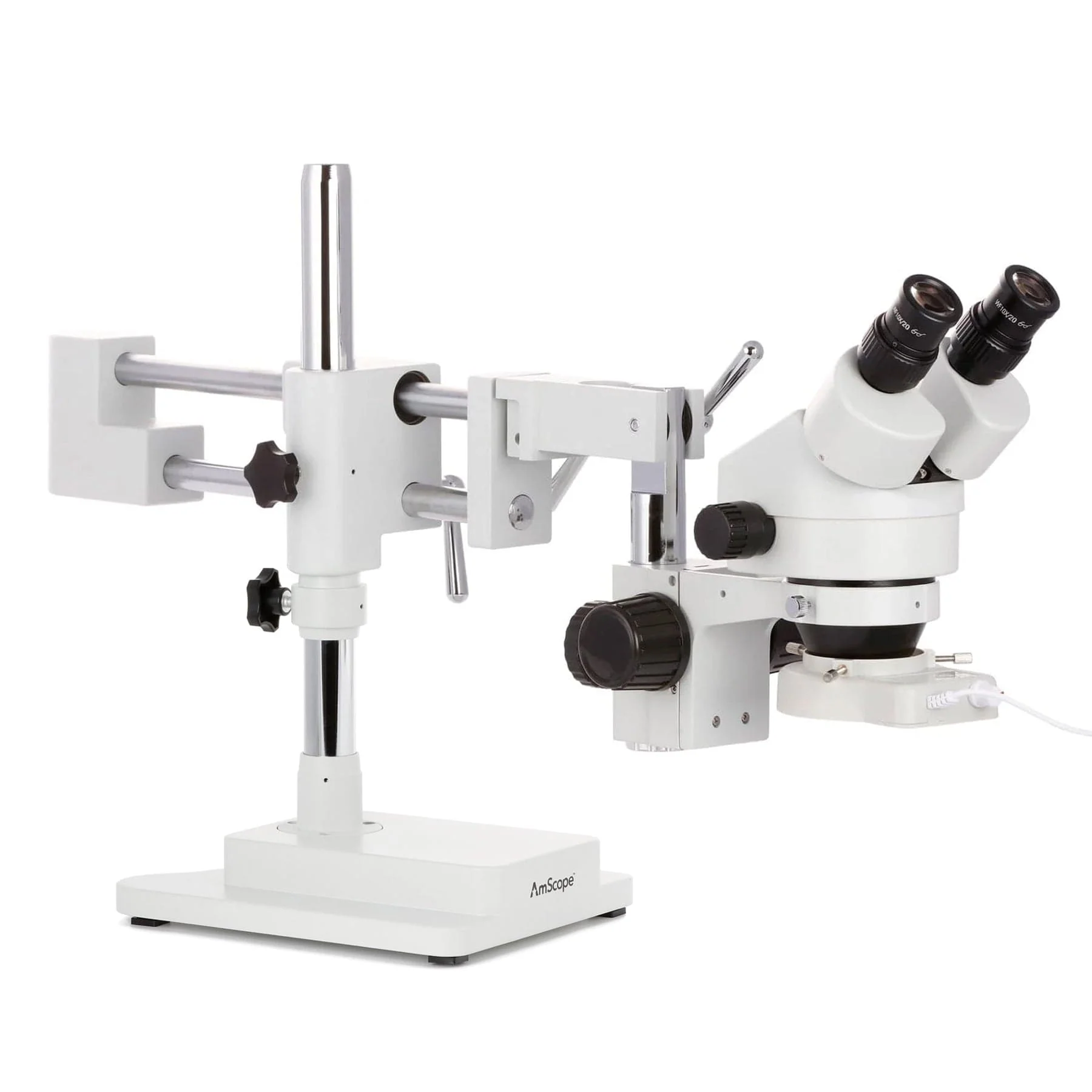 AmScope SM-4B Series Binocular Zoom Stereo Microscope 3.5X-45X on Double Arm Boom Stand with 70-LED Ring Light - Image 3