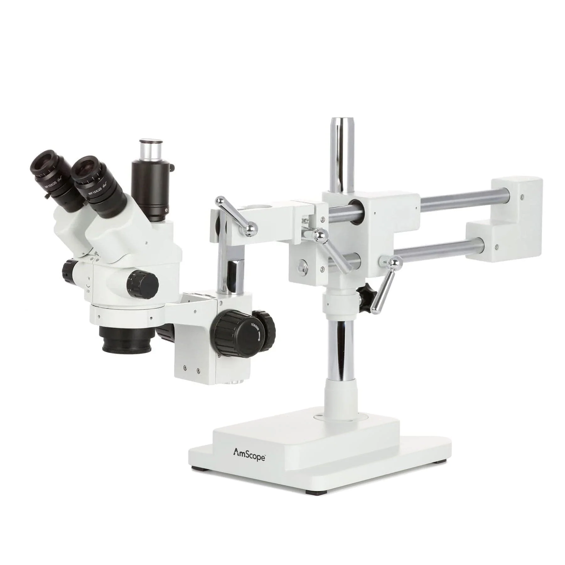 AmScope SM-4 Series Simul-Focal Lockable Trinocular Zoom Stereo Microscope with Optional Digital Camera on Double Arm Boom Stand
