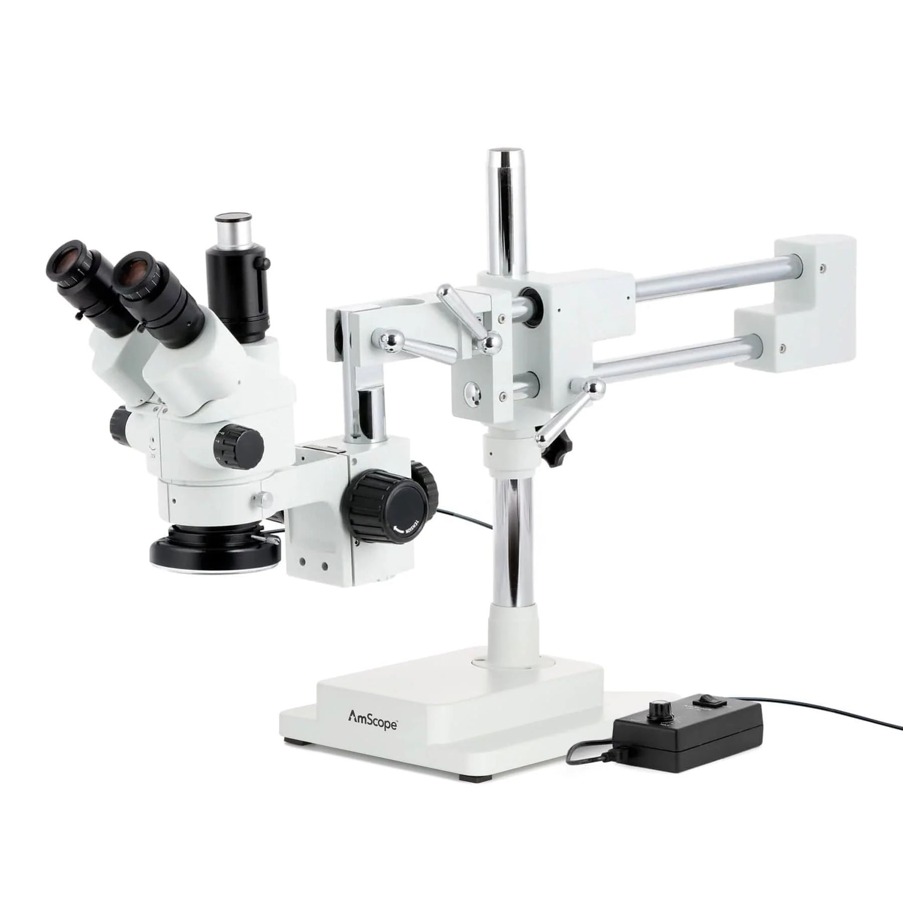 AmScope SM-4 Series Simul-Focal Lockable Zoom Trinocular Stereo Microscope with 144 LED Ring Light and Optional Digital Camera on Double Arm Boom Stand
